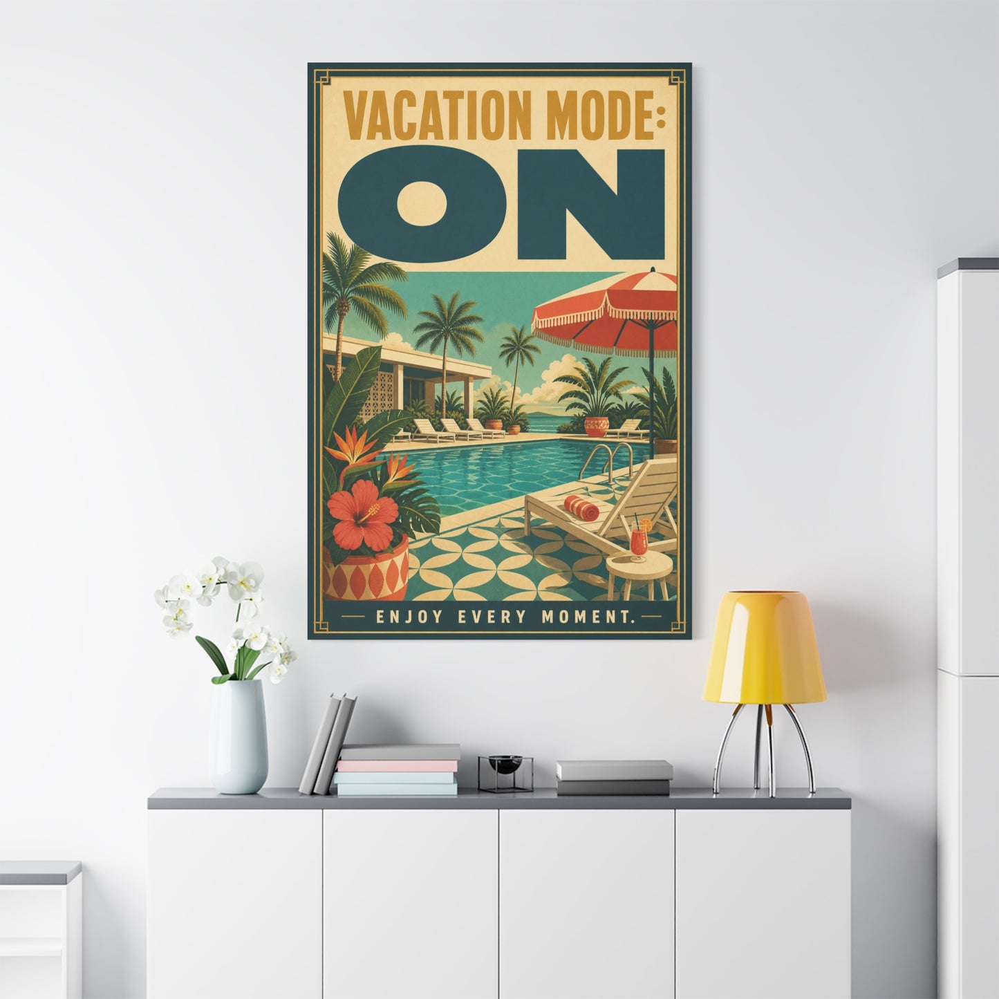 "Vacation Mode: On" Tropical Poolside Canvas Wall Art - Retro Resort Poster Print, Palm Tree Coastal Decor, Vintage Travel Style, Living Room Wall Decor, Vacation Rental Decoration - Ready to Hang