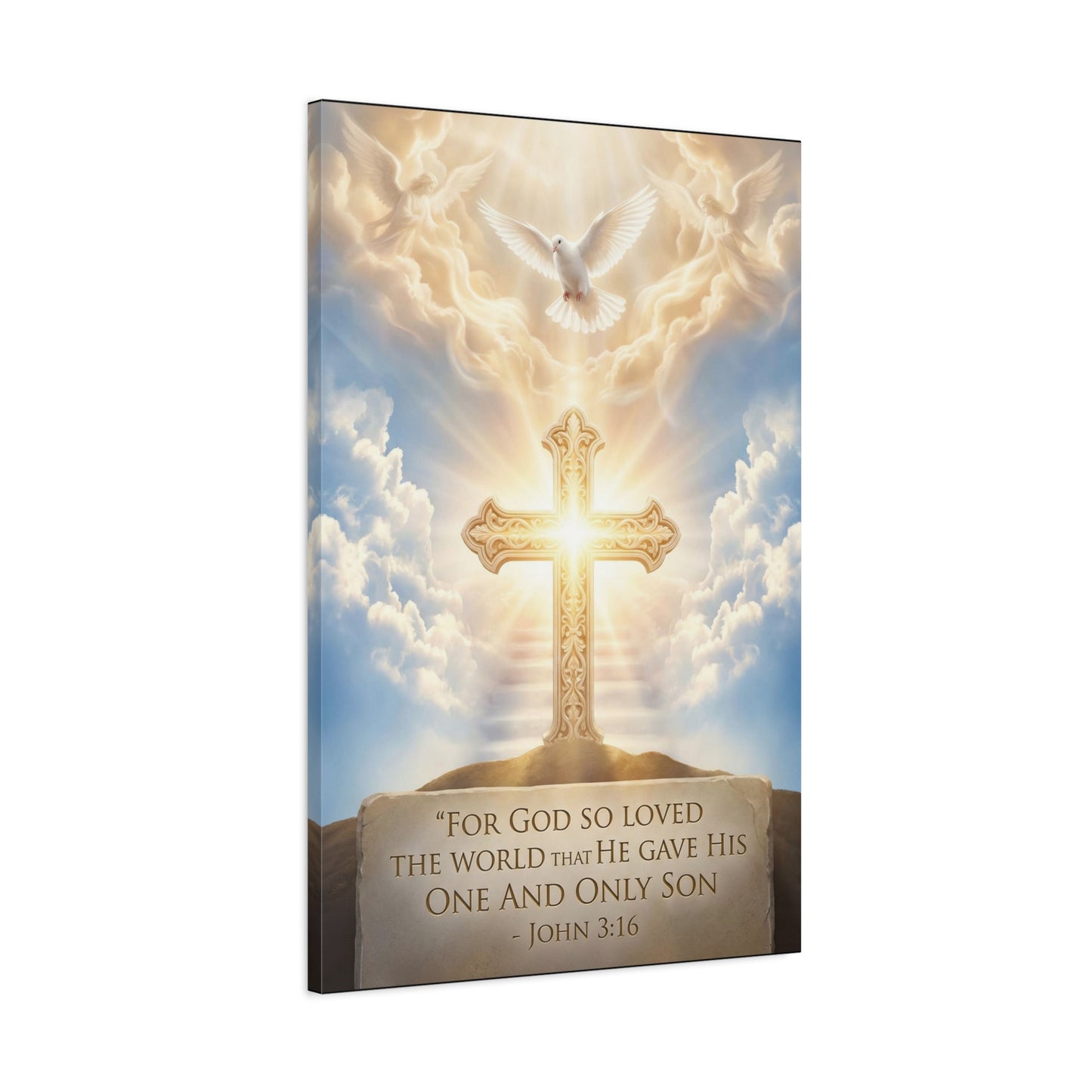 "For God So Loved The World That He Gave His One And Only Son" Christian Canvas Wall Art - Glowing Cross, Dove And Angels - Traditional Religious Wall Decor - Bedroom Living Room - Ready to Hang