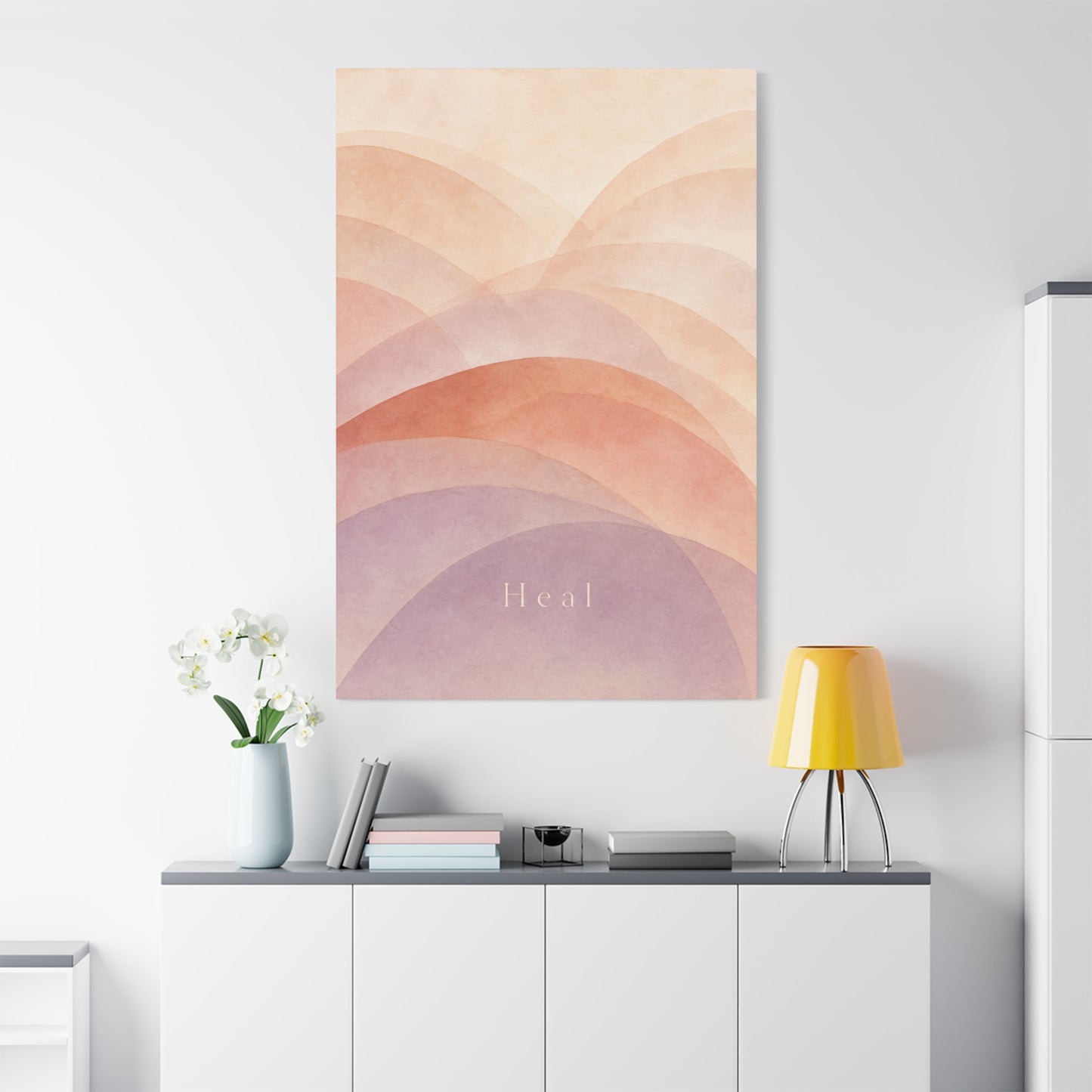 "Heal" Abstract Canvas Wall Art - Blush Peach Lavender Arches, Minimalist Typography Print - Contemporary Boho Decor, Bedroom Wall Hanging, Living Room Decoration, Meditation Space Accent