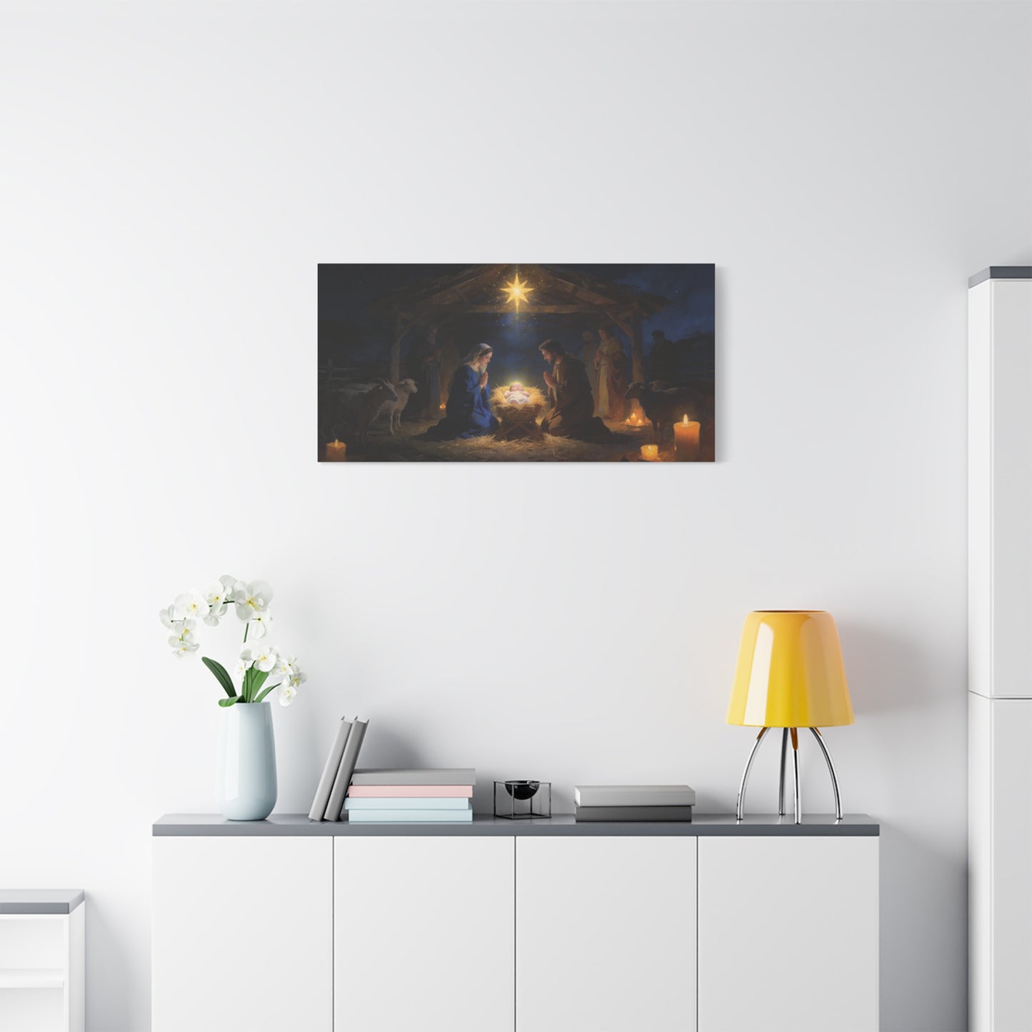 Nativity Scene Canvas Wall Art - Virgin Mary, Joseph, Baby Jesus In Manger - Starry Stable Religious Print - Traditional Christian Decor - Living Room Wall Decor Bedroom Home Decoration