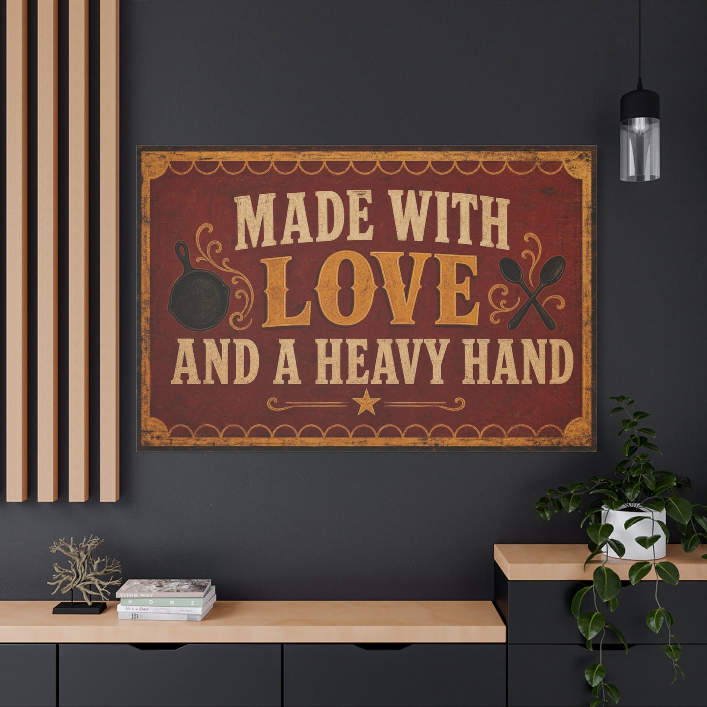 "Made With Love And A Heavy Hand" Kitchen Canvas Wall Art - Rustic Vintage Typography Print, Farmhouse Cooking Decor, Dining Room Wall Decor, Country Home Decoration - Ready to Hang - Ready to Hang