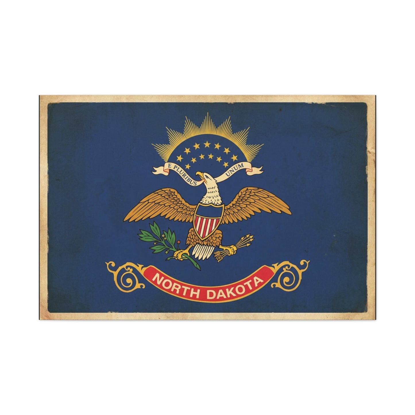 North Dakota Flag Canvas Wall Art - E Pluribus Unum Vintage State Banner Print - Patriotic Blue Eagle Emblem Decor - Rustic Americana Style - Ready to Hang - Living Room Wall Decor - Ready to Hang
