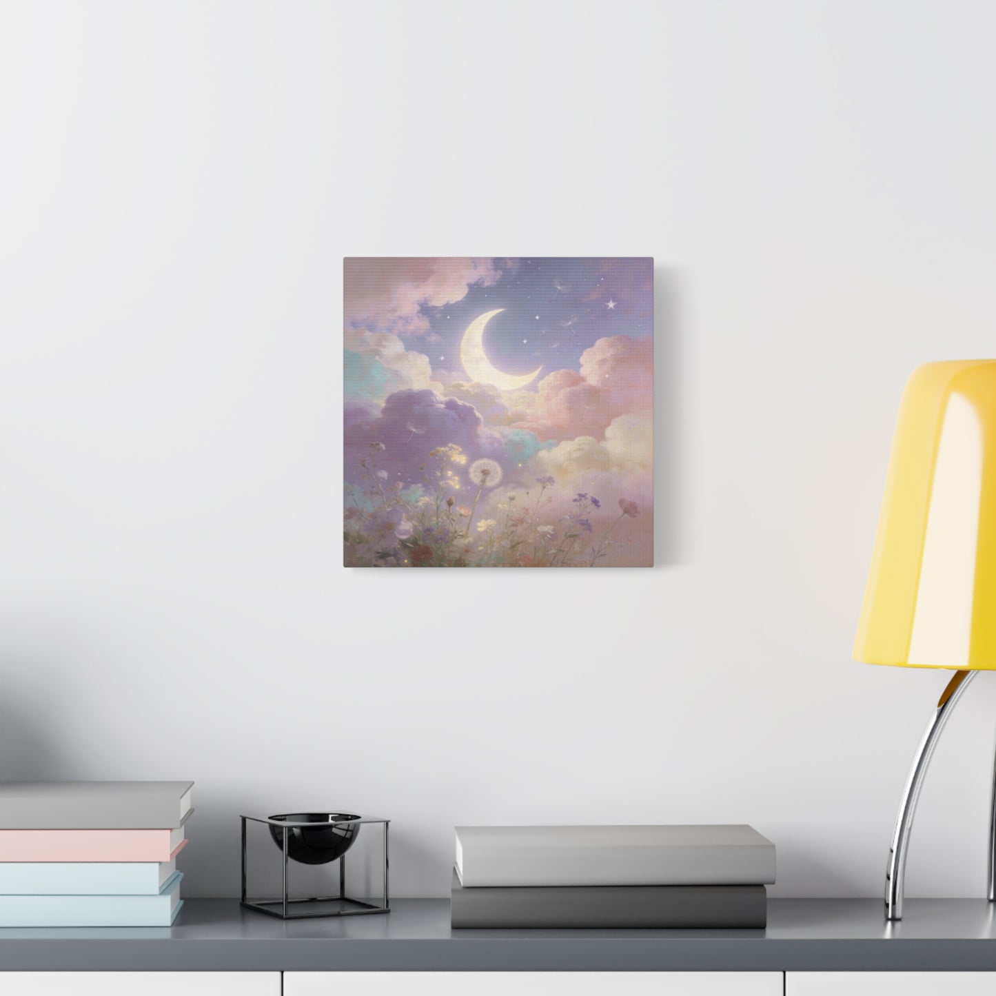 Crescent Moon Canvas Art Print - Dreamy Pastel Clouds, Dandelion Sky, Celestial Floral Scene - Cotton Matte Artwork - Lavender Nursery Accent, Bedroom Decoration, Meditation Space Decor