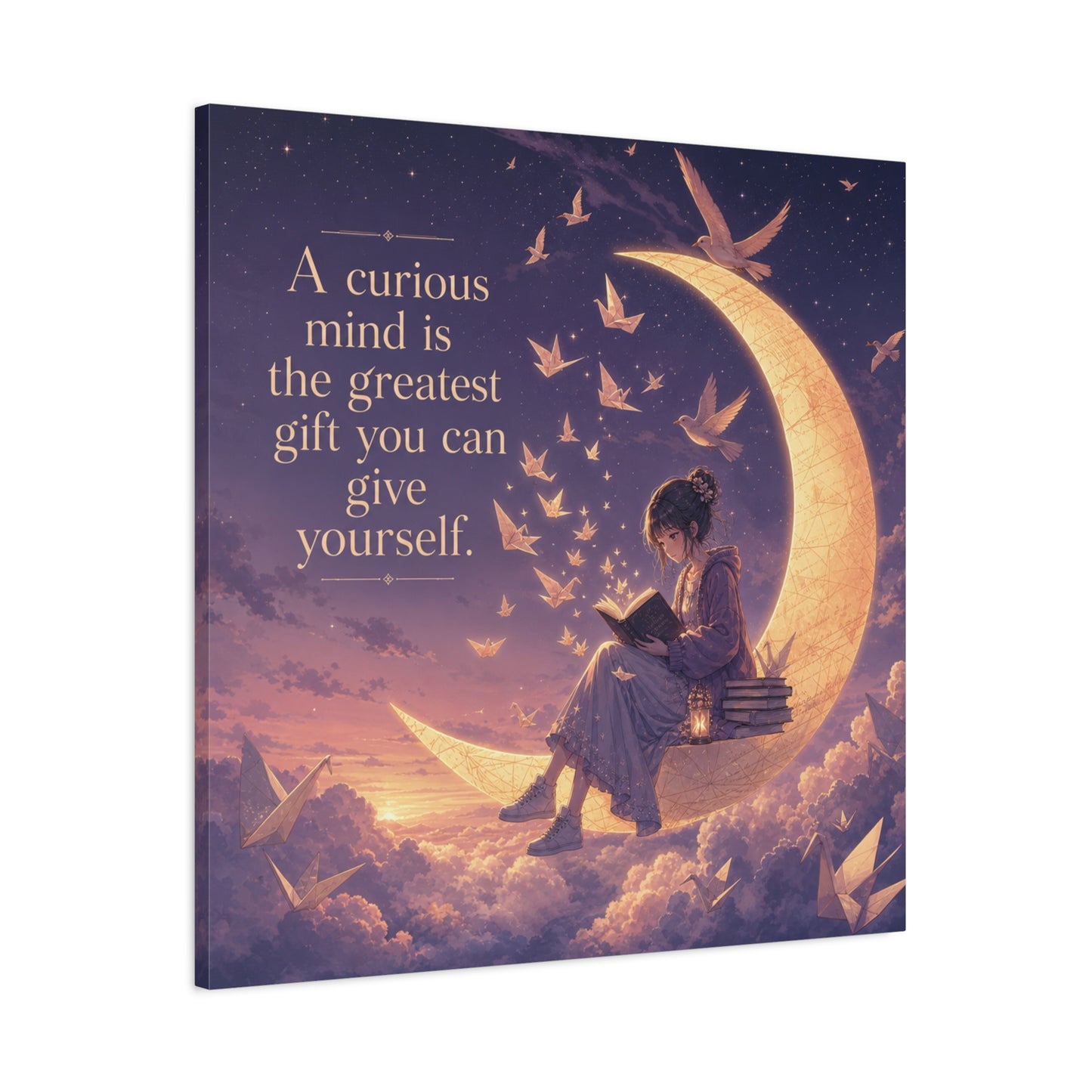 "A Curious Mind Is The Greatest You Can Give Yourself" Canvas Wall Art - Moon Reading Girl Quote Print, Dreamy Celestial Illustration - Bedroom Wall Decor, Home Office Accent - Ready to Hang
