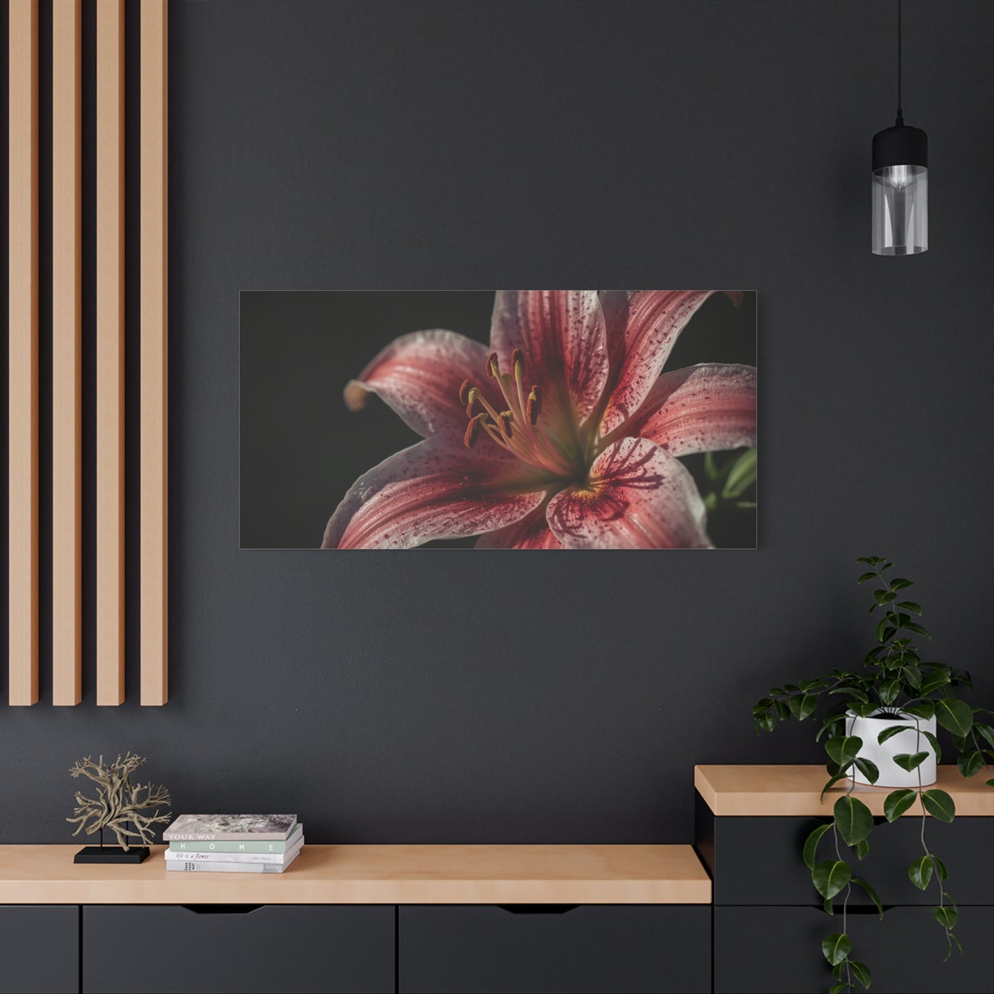 Pink Stargazer Lily Canvas Wall Art - Floral Macro Art Print, Dark Botanical Canvas Print - Matte Cotton Decor, Contemporary Style - Bedroom Wall Accent, Living Room Decoration - Ready to Hang