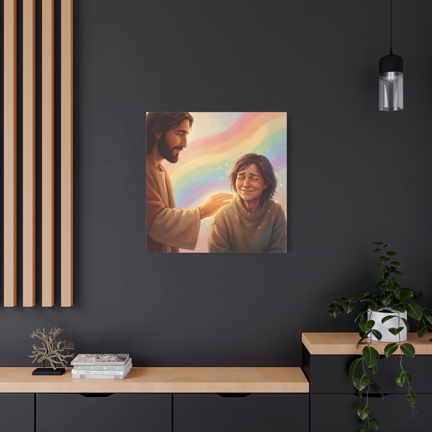 Jesus Christ Comforting Woman Canvas Wall Art - Rainbow Christian Wall Decor, Faith Home Decoration - Matte Canvas Print, Inspirational Religious Artwork - Living Room Bedroom Office - Ready to Hang