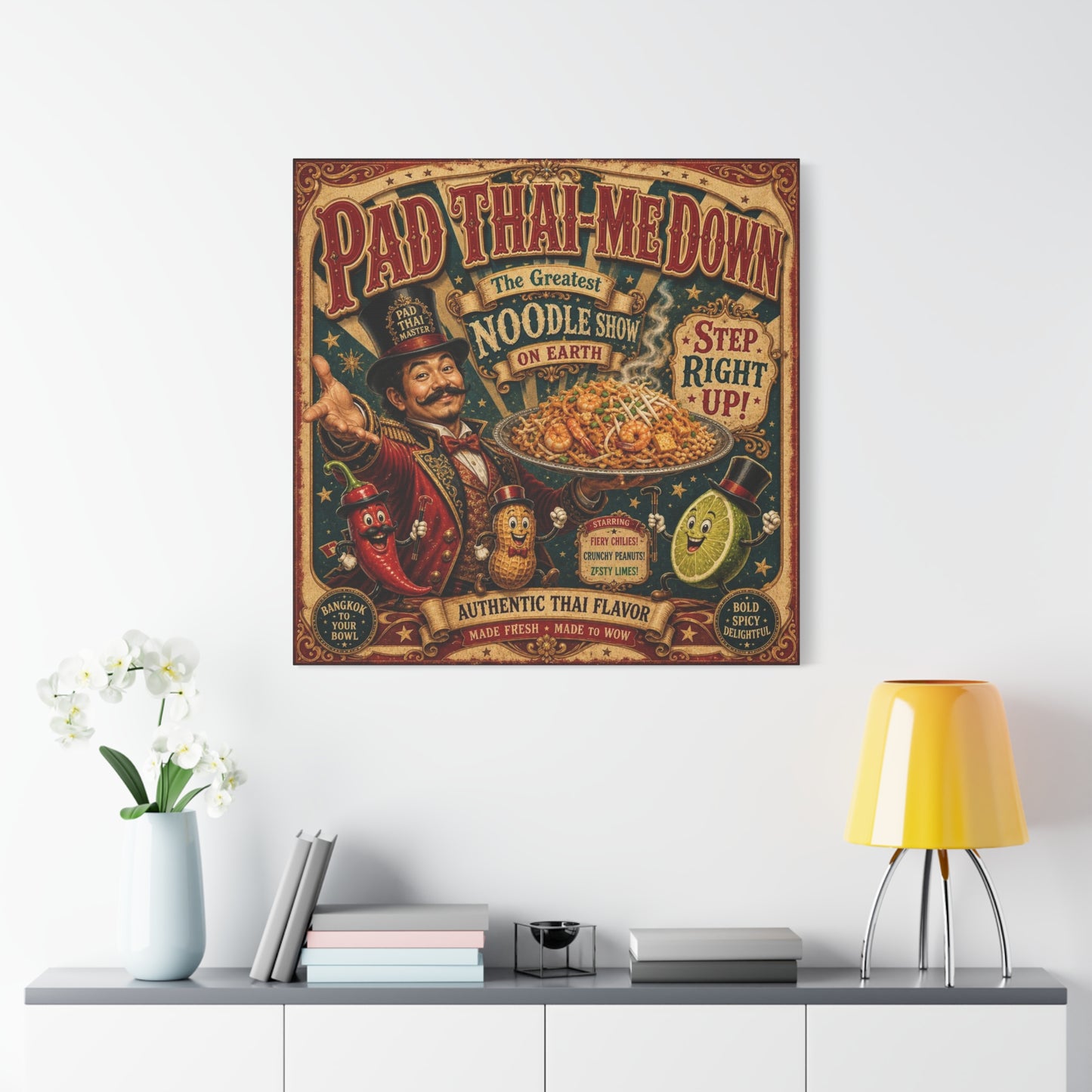 "Pad Thai-Me Down" Canvas Wall Art - Vintage Circus Noodle Poster, Typography Illustration, Whimsical Restaurant Decor, Cafe Wall Decor, Retro Kitchen Accent, Matte Canvas Print - Ready to Hang