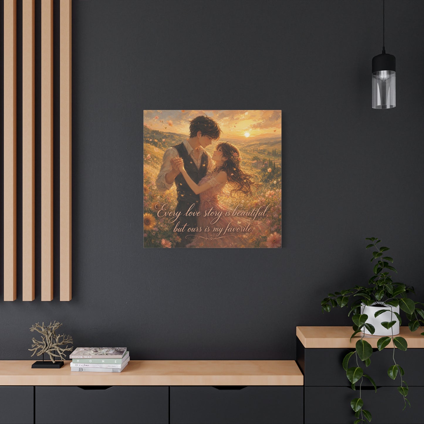 "Every Love Story Is Beautiful, But Ours Is My Favorite" Romantic Couple Canvas Wall Art - Golden Sunset Wildflower Field - Dreamy Rustic Style - Bedroom Wall Decor - Ready to Hang - Ready to Hang