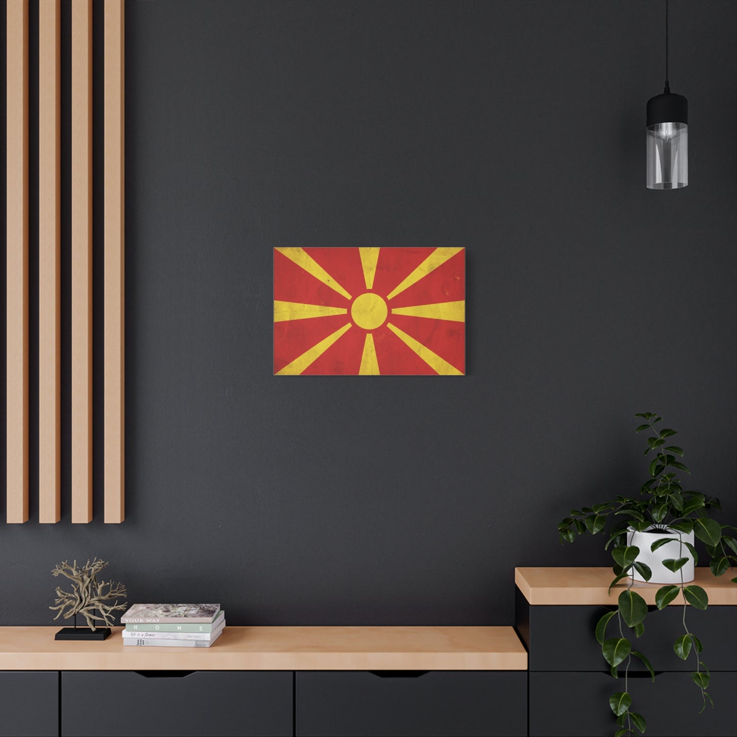 North Macedonia Flag Canvas Wall Art - Vintage Sunburst National Banner Print - Red And Yellow Patriotic Decor - Retro Country Pride Style - Living Room Wall Decor - Bedroom Home Decoration