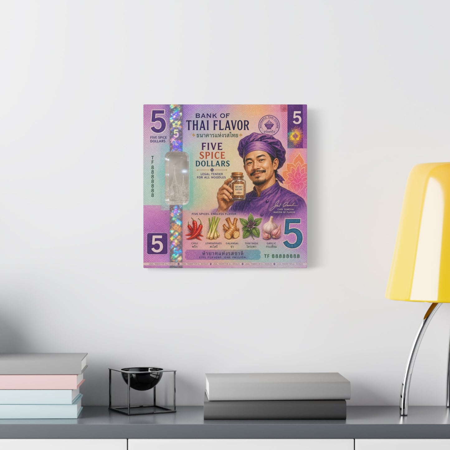 "Bank Of Thai Flavor" Thai Chef Canvas Wall Art - Five Spice Dollars Food Illustration, Colorful Typography Print, Eclectic Kitchen Decor, Cafe Wall Decor, Restaurant Wall Accent - Ready to Hang
