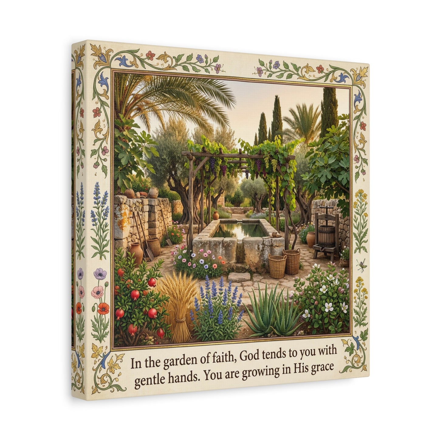 "In The Garden Of Faith, God Tends To You" Canvas Wall Art - Biblical Garden Scripture Print, Floral Border, Rustic Mediterranean Courtyard Scene - Christian Home Decor For Living Room - Ready to Hang