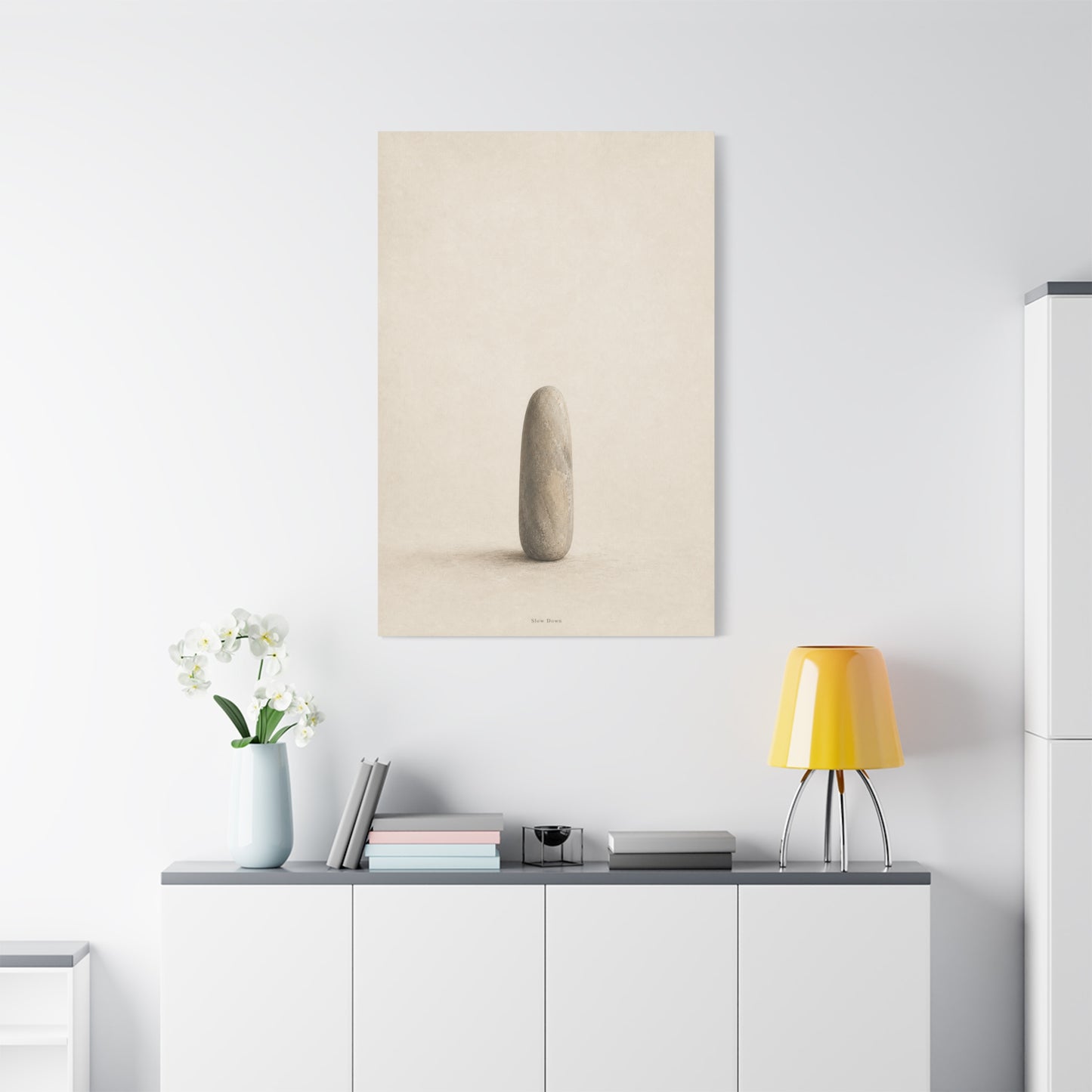 "Slow Down" Minimalist Stone Canvas Wall Art - Neutral Zen Still Life Decor - Contemporary Beige Meditation Print - Bedroom Living Room Decoration - Living Room Wall Decor - Bedroom Home Decoration