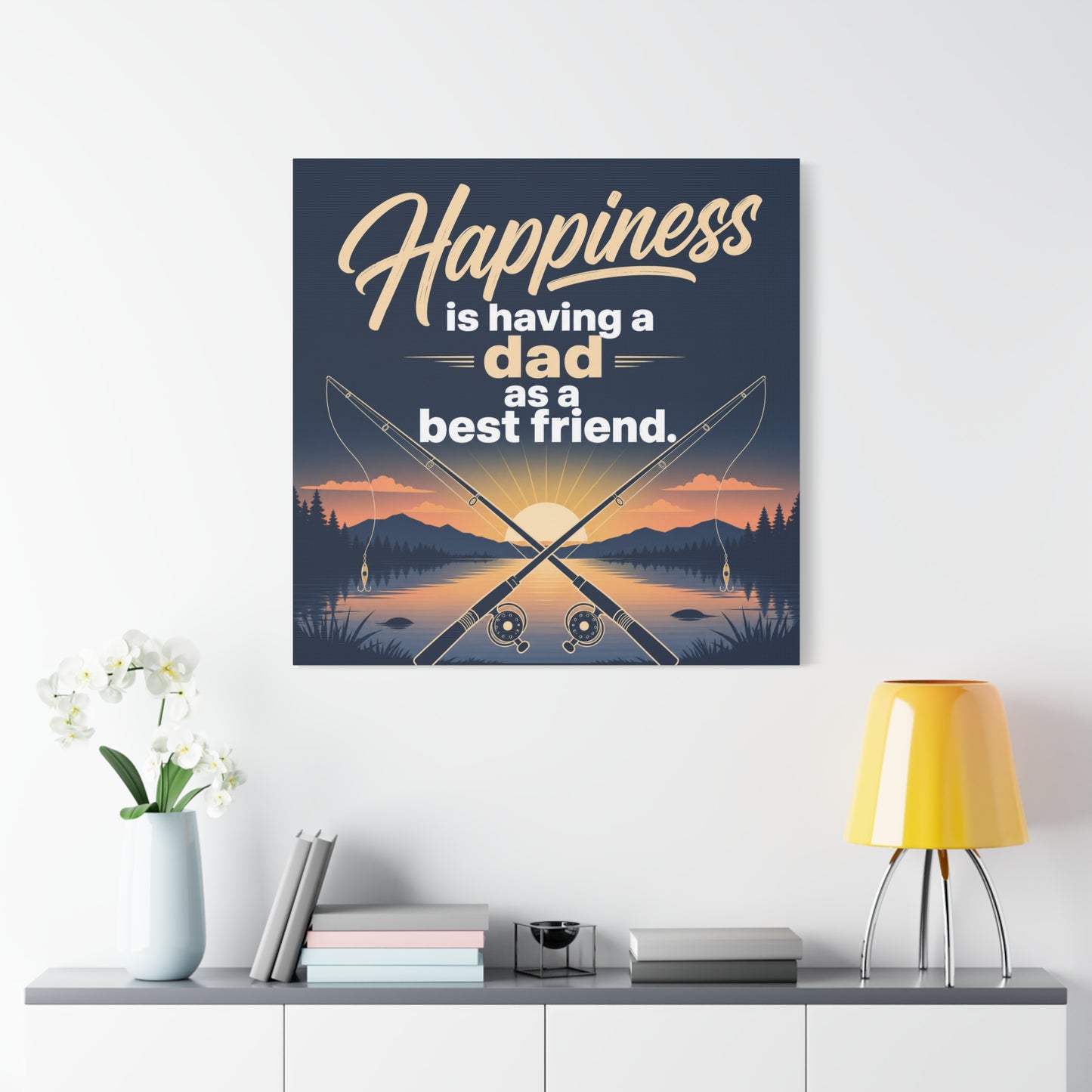 "Happiness Is Having A Dad As A Friend" Fishing Canvas Wall Art - Sunset Lake Quote Print - Rustic Typography Decor - Bedroom Home Decoration - Bedroom Home Decoration - Living Room Wall Decor