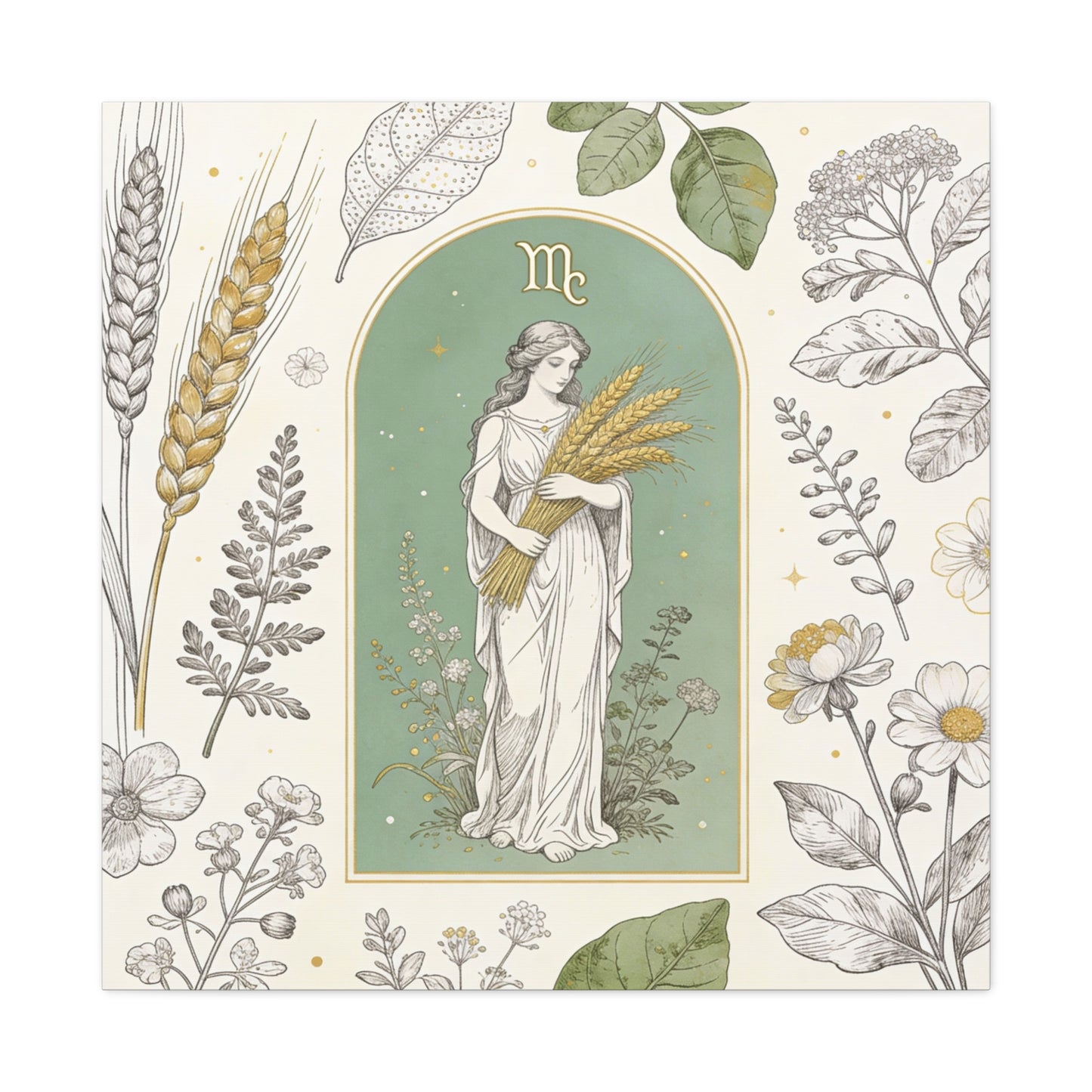 Virgo Zodiac Canvas Wall Art - Botanical Maiden Holding Wheat, Celestial Illustration - Sage Green Gold Cotton Print - Vintage Astrology Decor, Bedroom Wall Hanging Accent - Bedroom Home Decoration