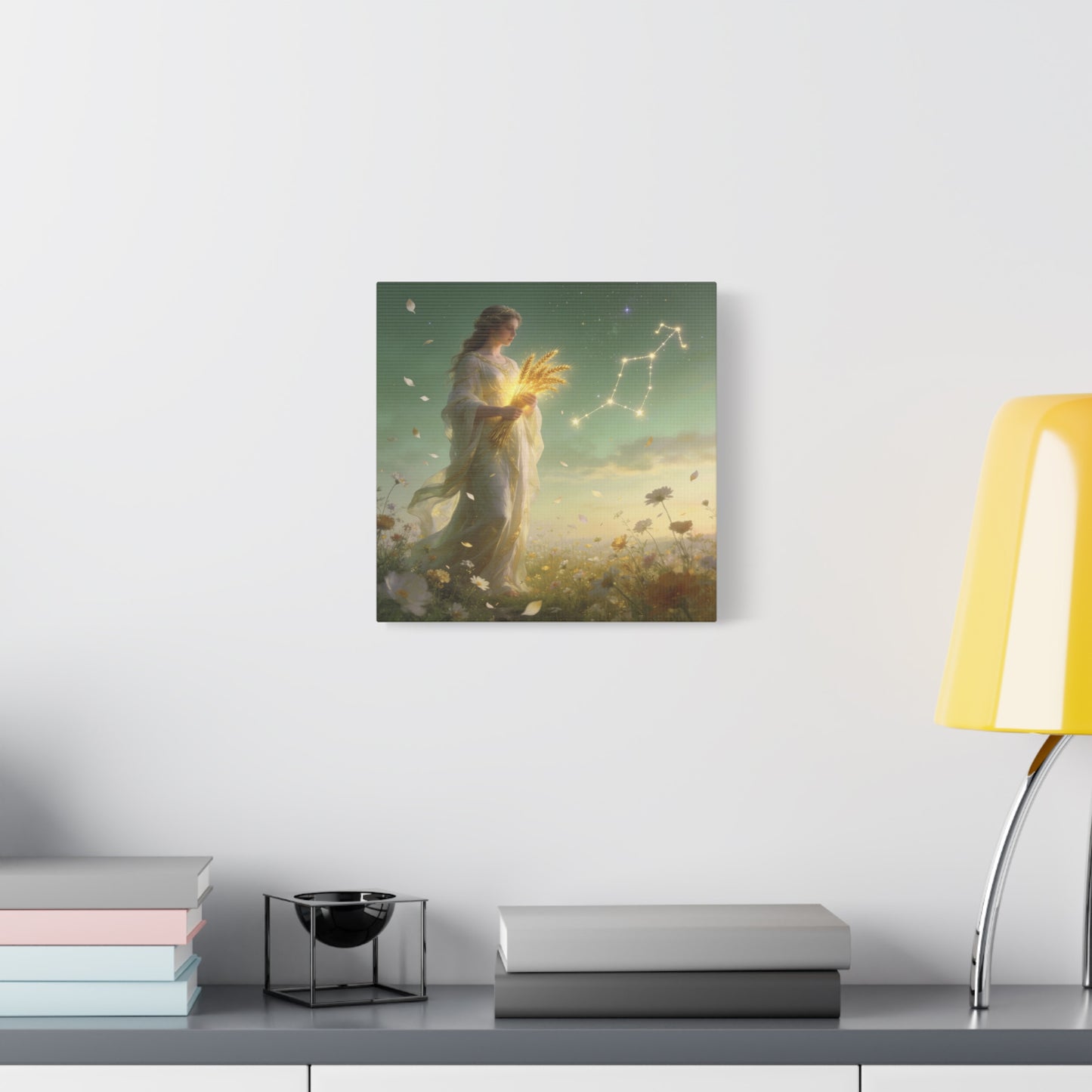 Virgo Maiden Canvas Wall Art - Celestial Wheat Goddess Illustration, Luminous Zodiac Sky, Matte Cotton Print, Bohemian Bedroom Decor, Meditation Space Accent, Ready To Hang - Living Room Wall Decor