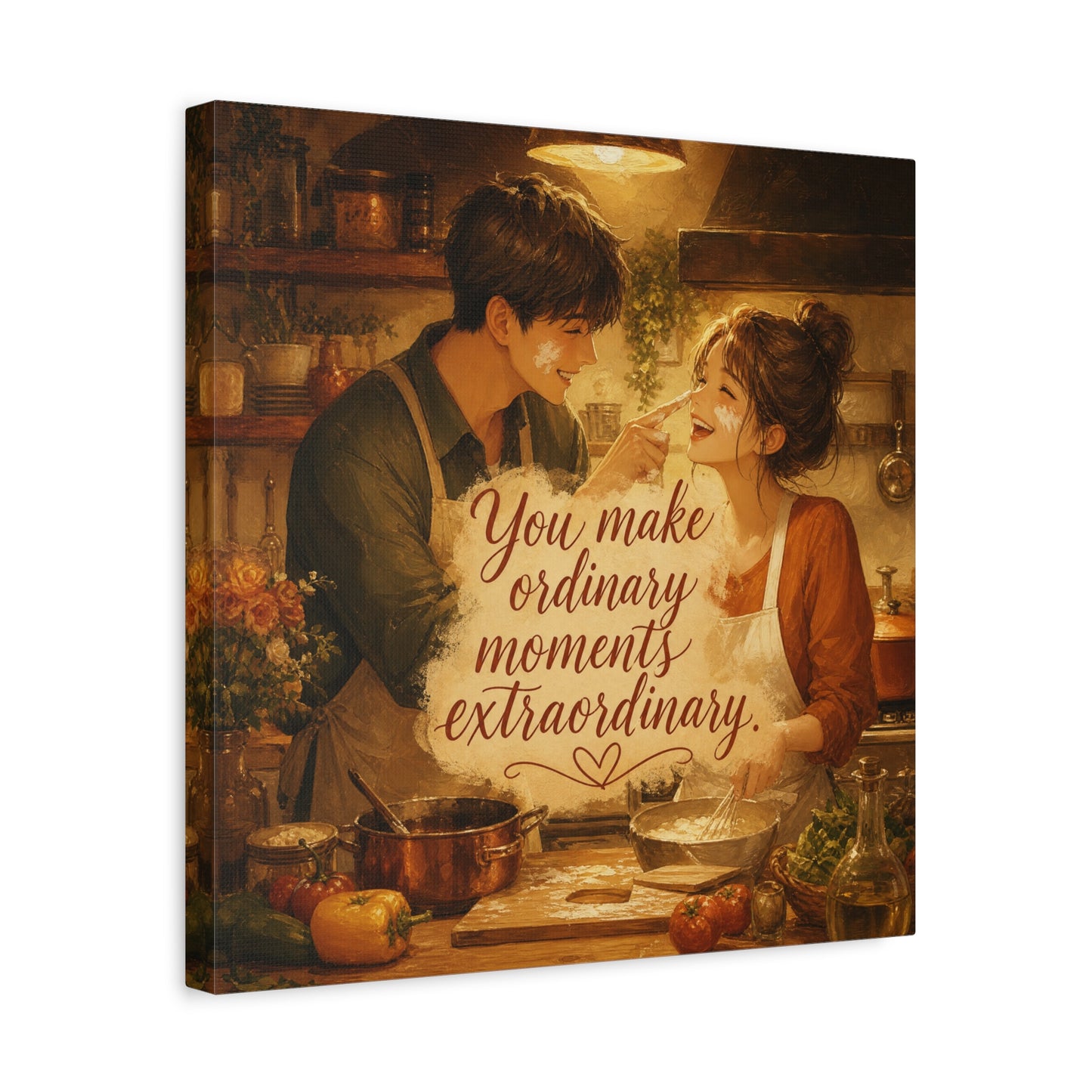 "You Make Ordinary Moments Extraordinary" Couple Canvas Wall Art - Romantic Kitchen Scene, Warm Vintage Illustration Print - Cozy Living Room Decor, Farmhouse Home Accent - Living Room Wall Decor