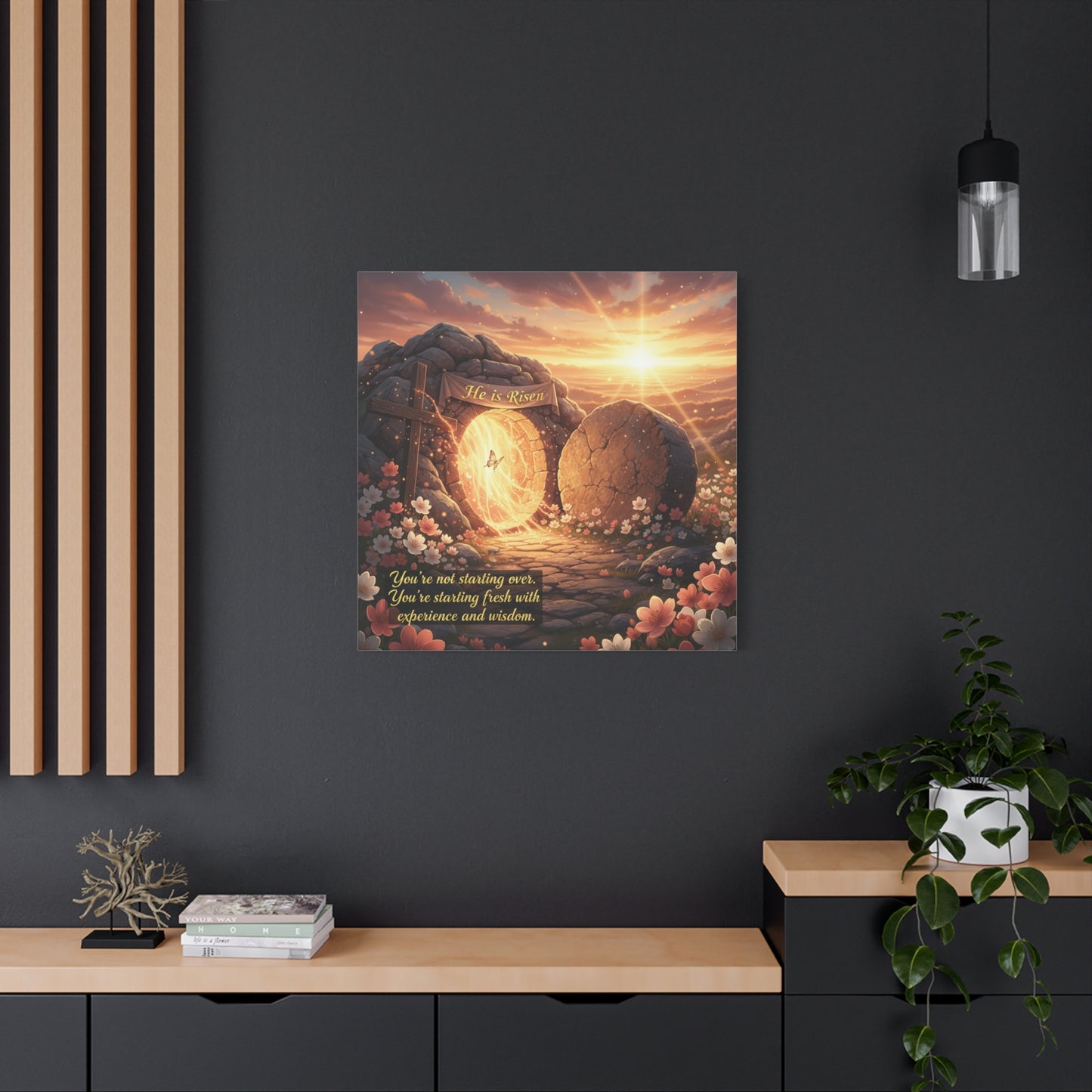 "He Is Risen" Christian Canvas Wall Art - Empty Tomb Cross Sunrise Scripture Print - Floral Faith Home Decoration - Modern Farmhouse Style