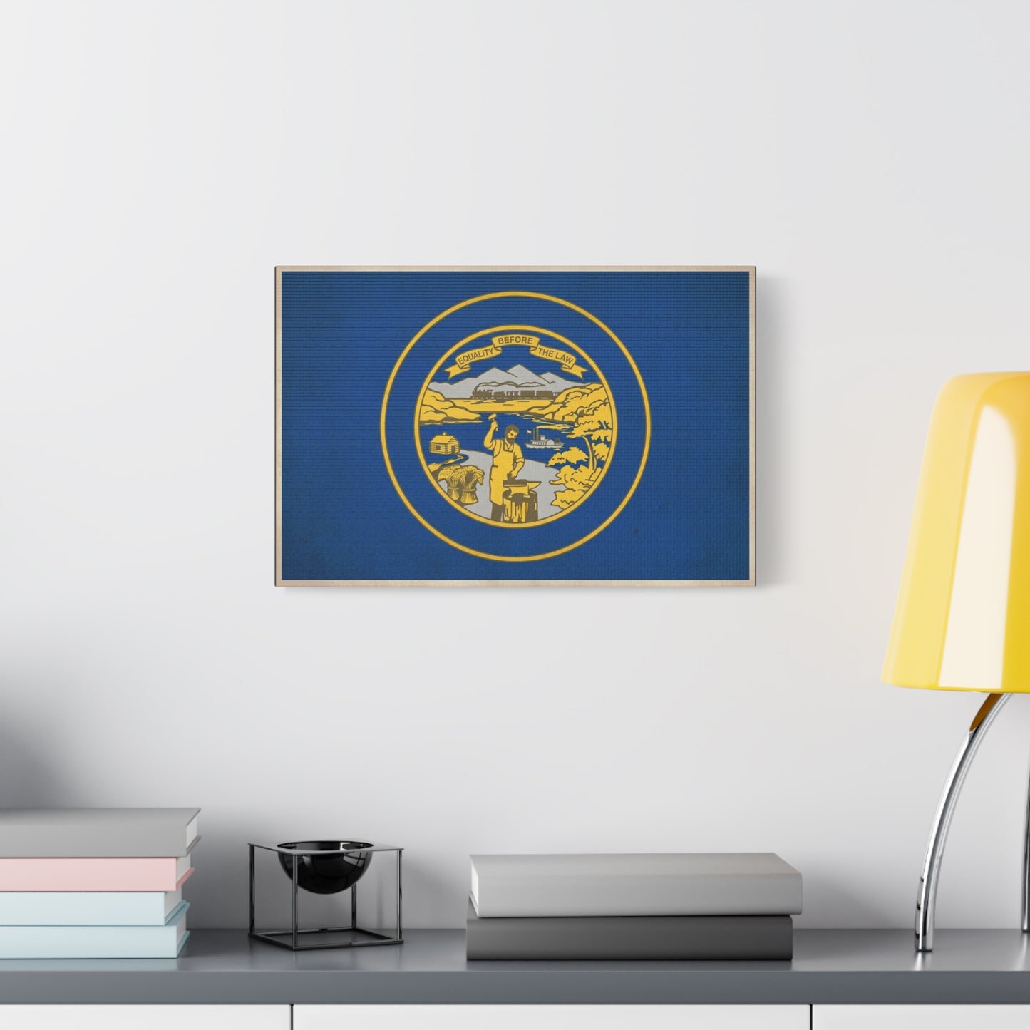 "Equality Before The Law" Kansas State Flag Canvas Wall Art - Blue Gold Sunflower State Seal Print - Vintage Americana Style, Living Room Wall Decor, Office Home Decoration - Bedroom Home Decoration