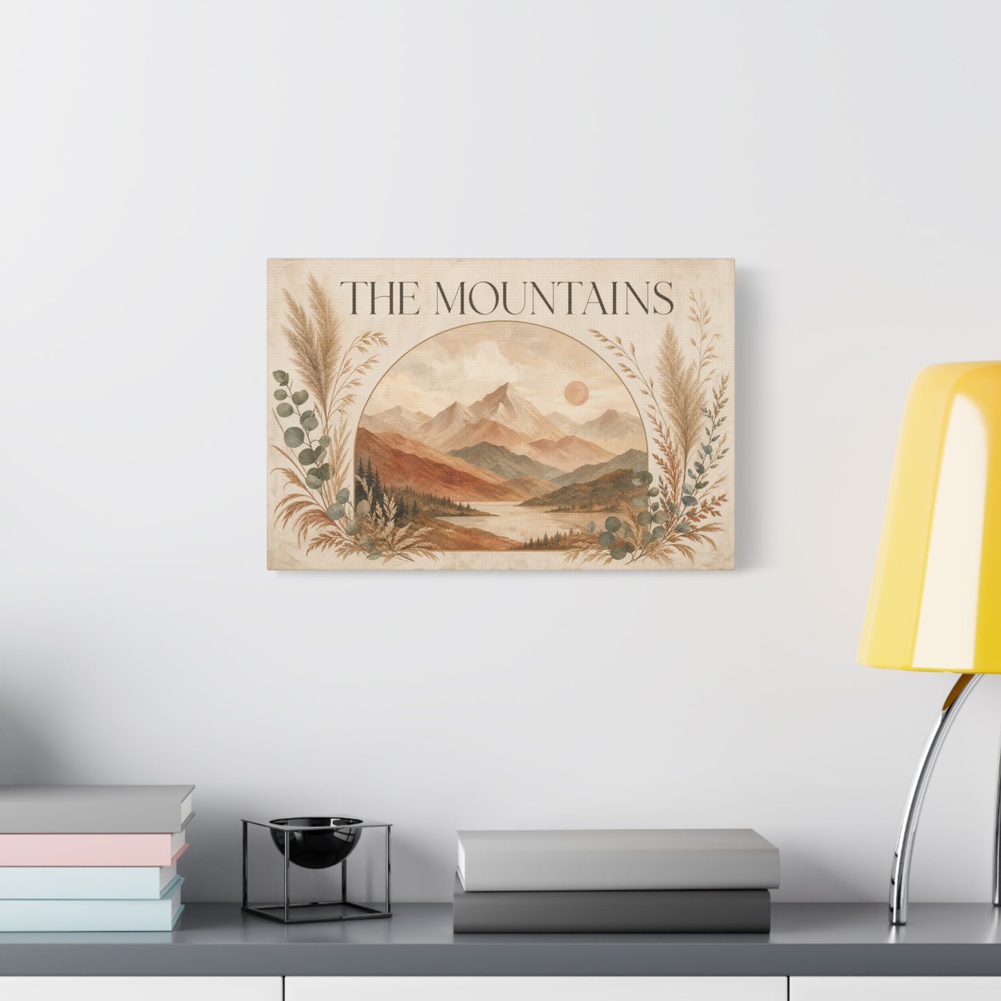 "The Mountains" Mountain Landscape Canvas Wall Art - Neutral Boho Nature Print, Desert Sun Lake Scene, Contemporary Rustic Style - Living Room Wall Decor, Bedroom Home Decoration - Ready to Hang