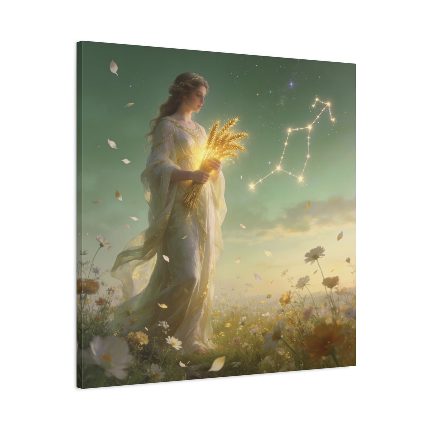 Virgo Maiden Canvas Wall Art - Celestial Wheat Goddess Illustration, Luminous Zodiac Sky, Matte Cotton Print, Bohemian Bedroom Decor, Meditation Space Accent, Ready To Hang - Living Room Wall Decor