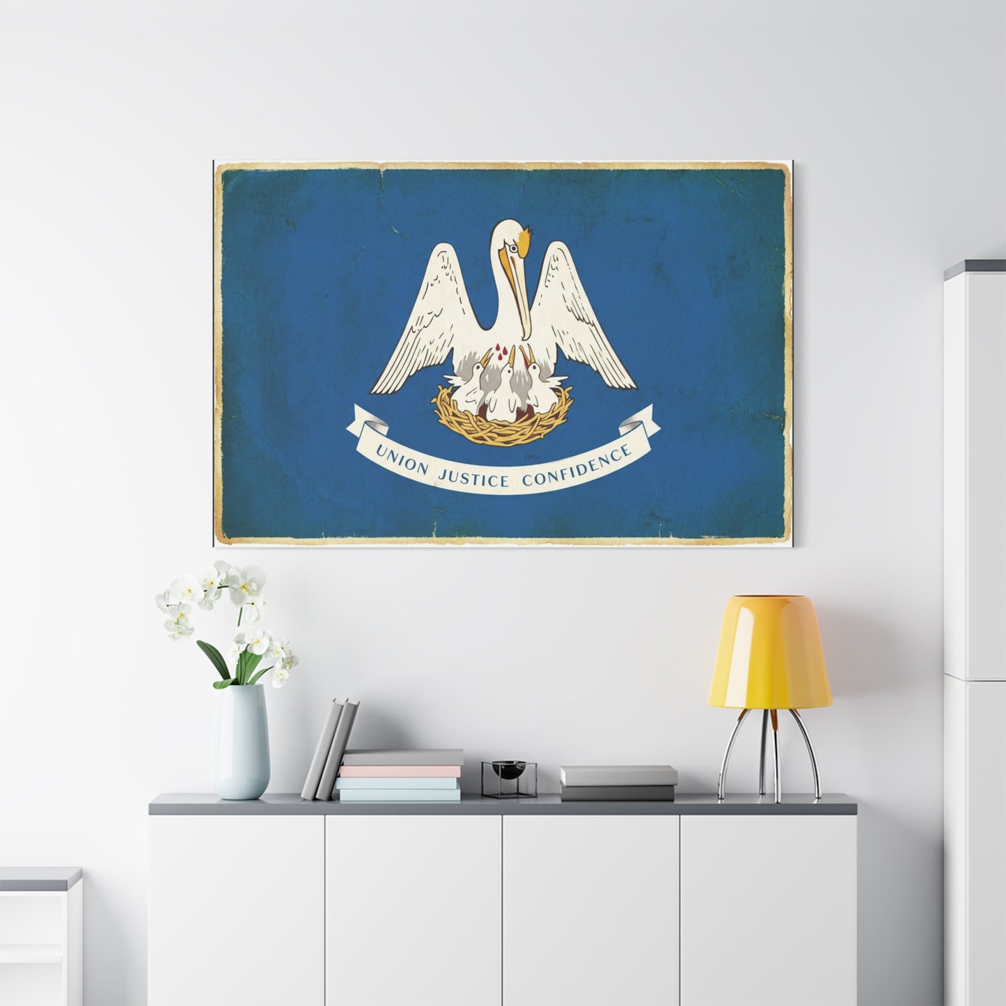 "Union Justice Confidence" Louisiana State Flag Canvas Wall Art - Vintage Pelican Crest Print, Distressed Blue Banner, Patriotic Traditional Decor - Living Room Office Wall Decor - Ready to Hang