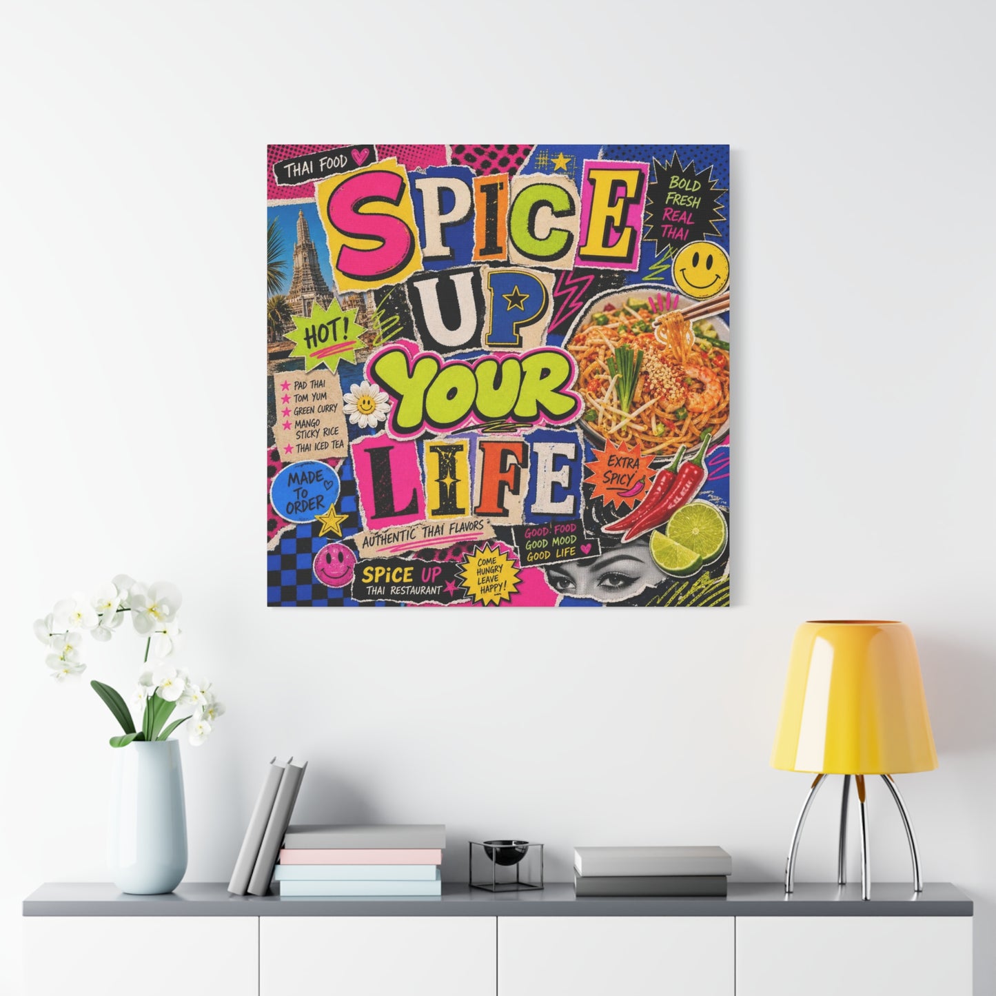 "Spice Up Your Life" Canvas Wall Art - Thai Food Pop Art Collage, Typography Print, Neon Color Street Poster Style, Cafe Decor, Dining Room Accent, Kitchen Wall Hanging, Contemporary - Ready to Hang