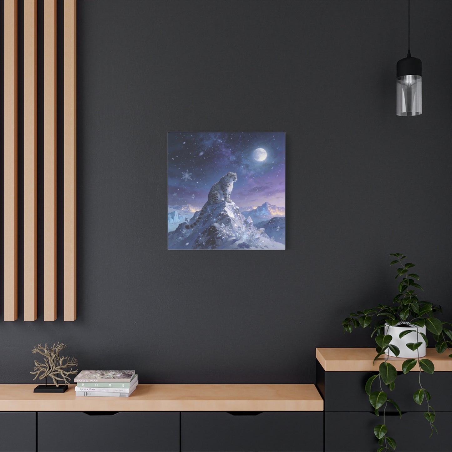 Snow Leopard Canvas Wall Art - Moonlit Arctic Crystal Landscape, Fantasy Wildlife Print - Matte Cotton Canvas - Contemporary Winter Style - Living Room Wall Decor Bedroom Home Decoration