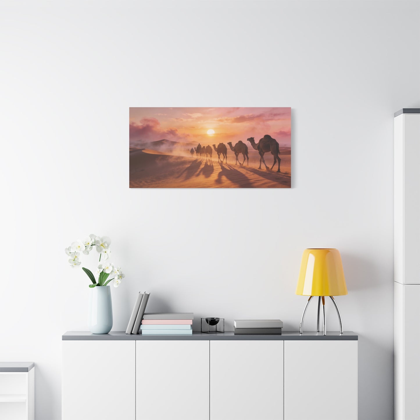 Desert Camel Caravan Canvas Wall Art - Sunset Sand Dunes, Golden Horizon, Matte Finish Canvas Print - Contemporary Landscape Style - Living Room Wall Decor, Bedroom Home Decoration - Ready to Hang