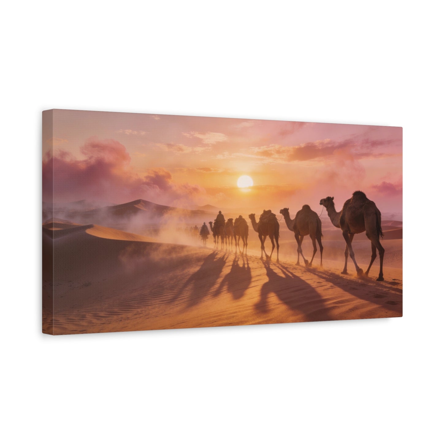 Desert Camel Caravan Canvas Wall Art - Sunset Sand Dunes, Golden Horizon, Matte Finish Canvas Print - Contemporary Landscape Style - Living Room Wall Decor, Bedroom Home Decoration - Ready to Hang