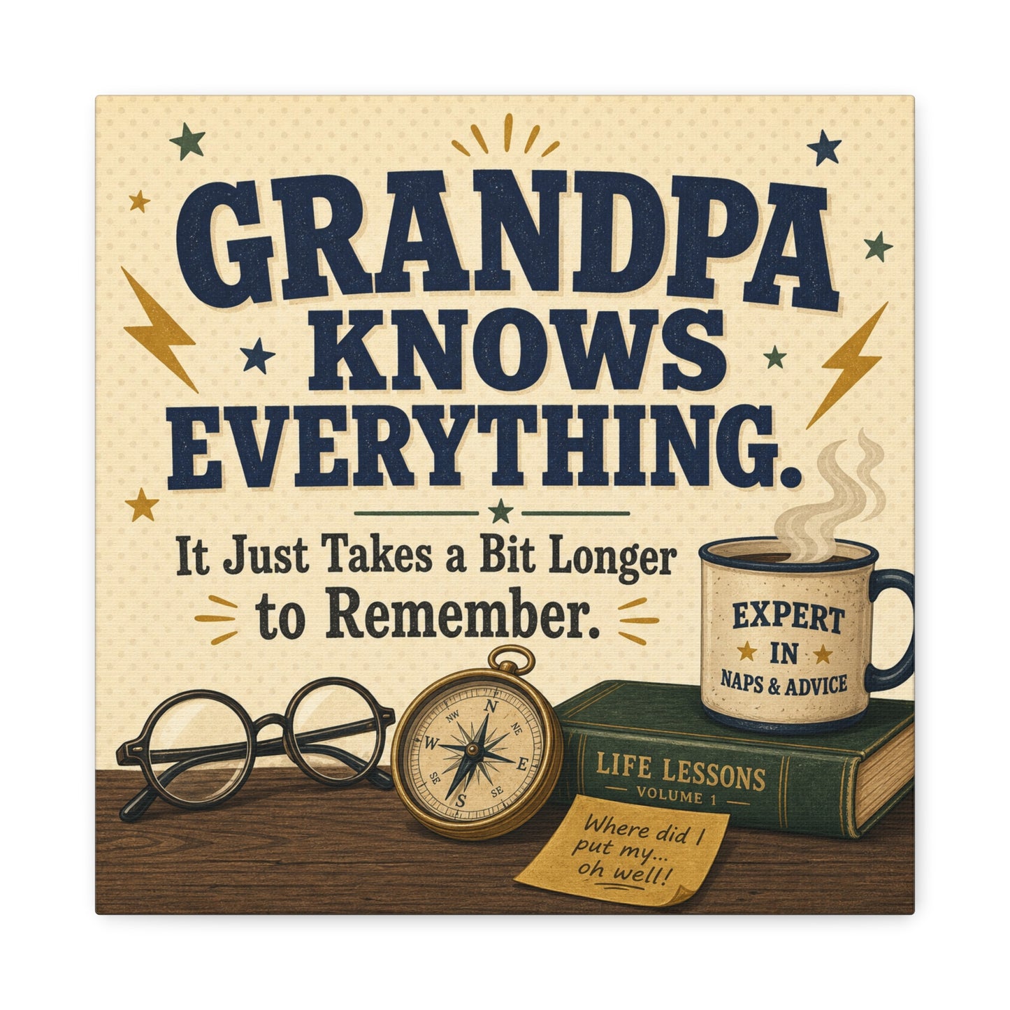 "Grandpa Knows Everything. It Just Takes A Bit Longer To Remember." Canvas Wall Art - Vintage Grandpa Quote Print, Rustic Typography Decor, Living Room Home Decoration - Office Wall Art