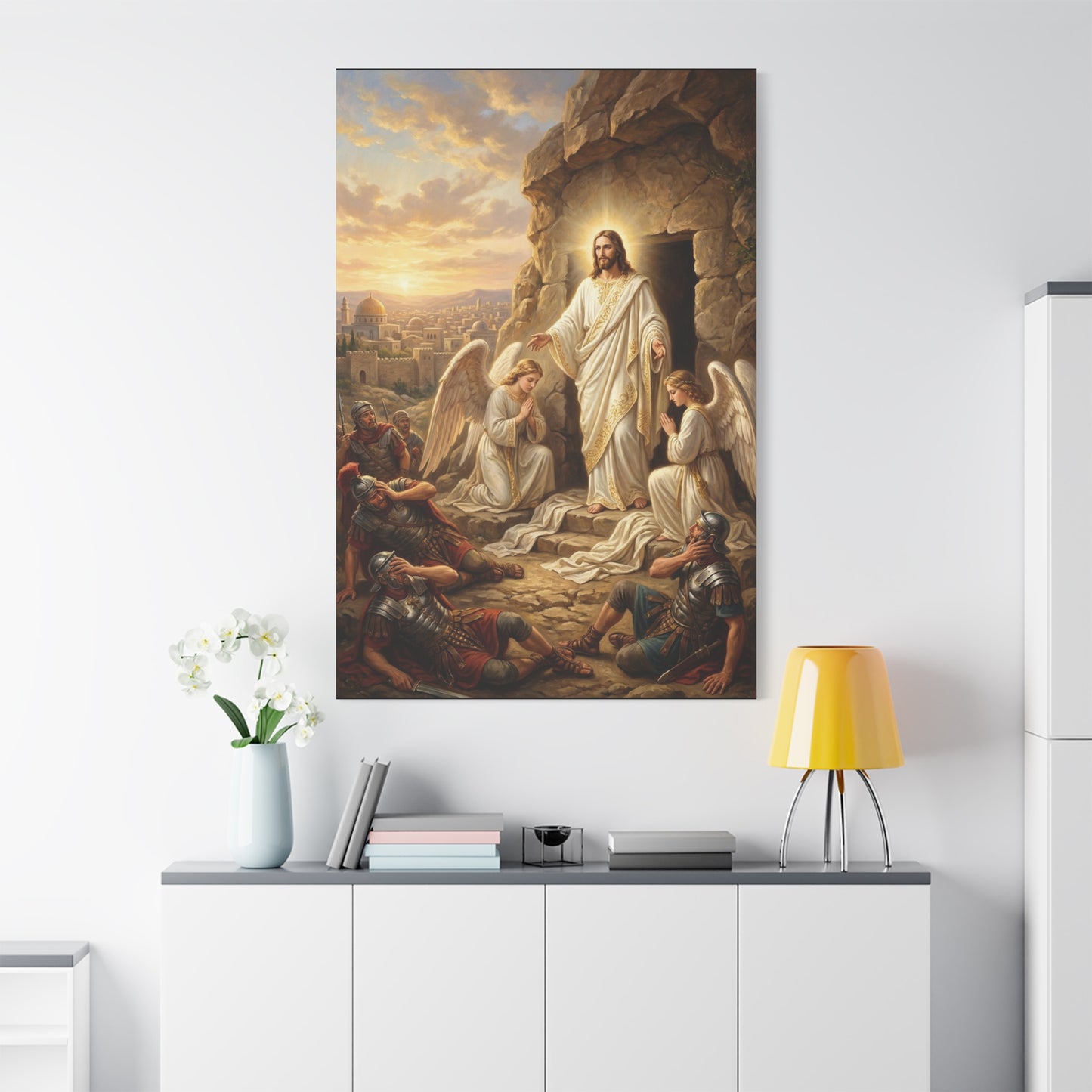 Jesus Christ Resurrection Canvas Wall Art - Empty Tomb, Angels, Roman Soldiers - Traditional Religious Print, Golden Dawn Scene - Living Room Wall Decor, Bedroom Home Decoration - Ready to Hang