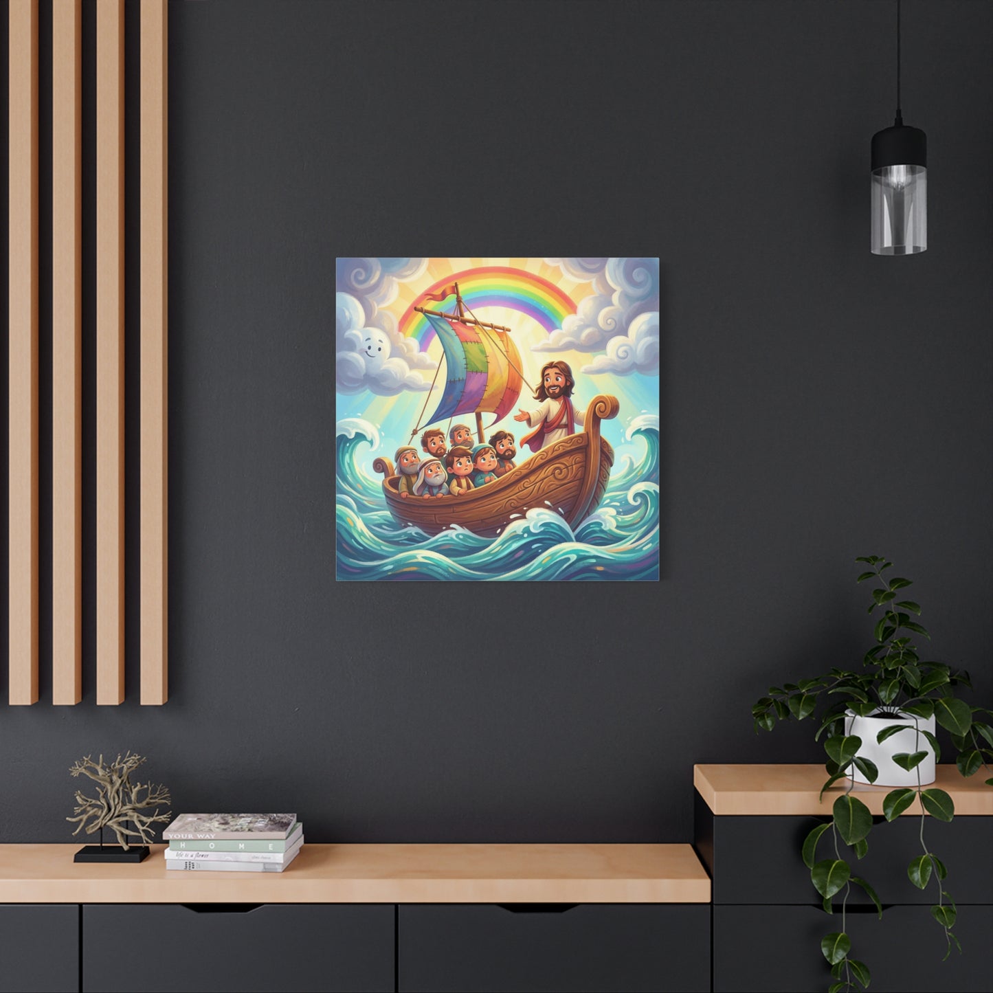 Jesus Boat Canvas Wall Art - Rainbow Sail, Disciples At Sea, Christian Nursery Decor - Matte Cotton Print - Whimsical Religious Style For Kids Bedroom Playroom Home Decoration - Living Room Wall Decor