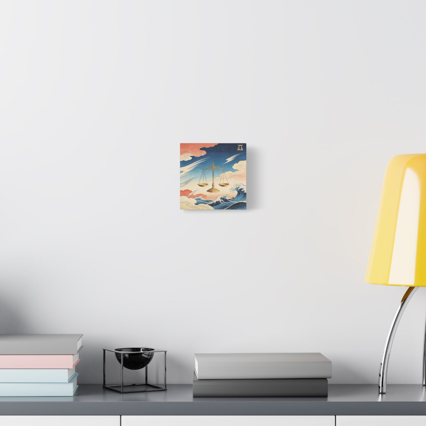 Libra Zodiac Canvas Wall Decor - Vintage Japanese Wave Scales Illustration - Celestial Astrology Print, Gold Balance Symbol, Traditional Style, Bedroom Home Decoration - Living Room Wall Decor