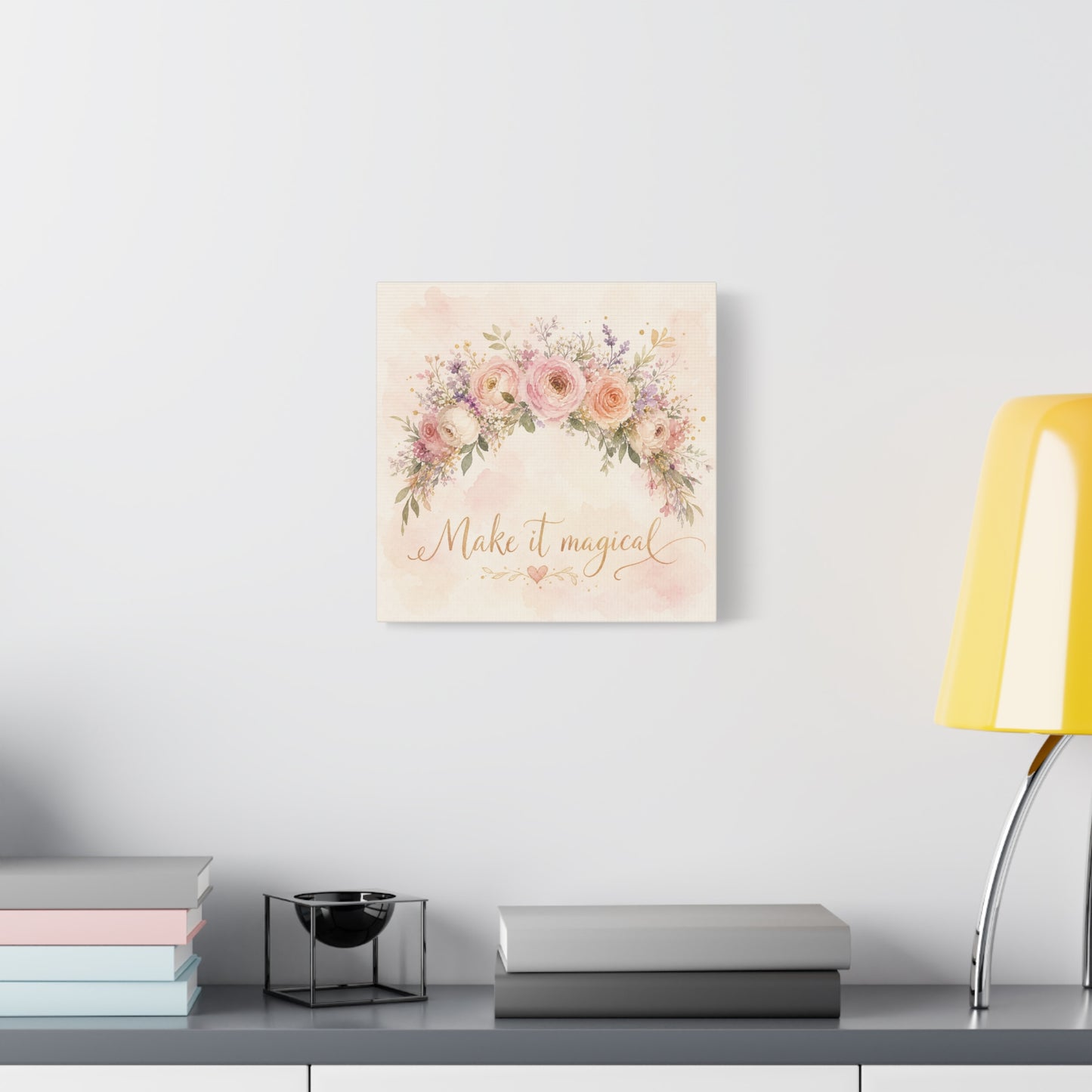 "Make It Magical" Floral Canvas Wall Art - Blush Rose Watercolor Quote Print, Pink Botanical Home Decor, Girls Bedroom Wall Decoration, Nursery Accent, Bohemian Living Room Style - Ready to Hang