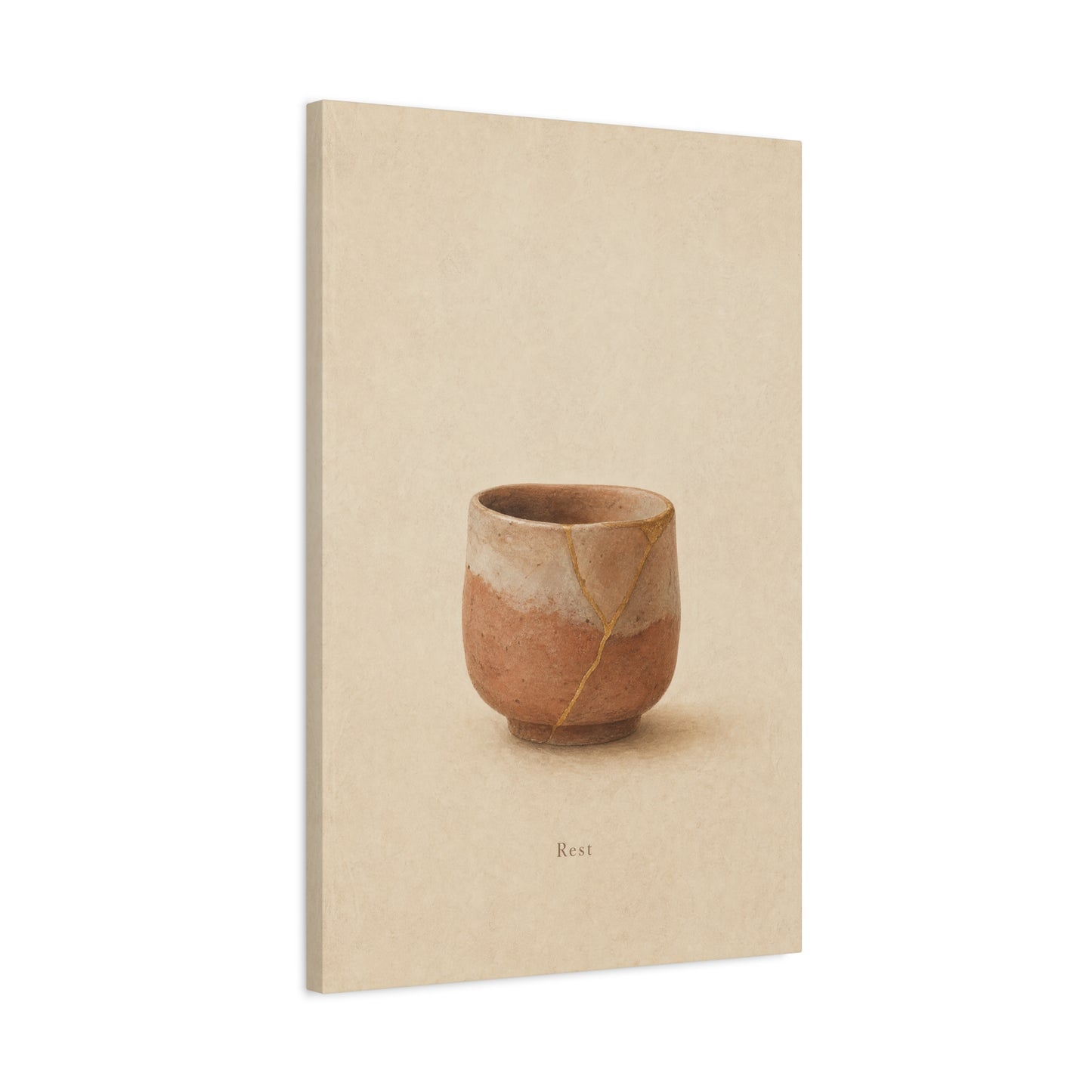 "Rest" Kintsugi Pot Canvas Wall Art - Minimalist Still Life Ceramic Vessel Print - Neutral Beige Brown Japanese Inspired Decor - Bedroom Meditation Space Living Room Home Accent - Office Wall Art