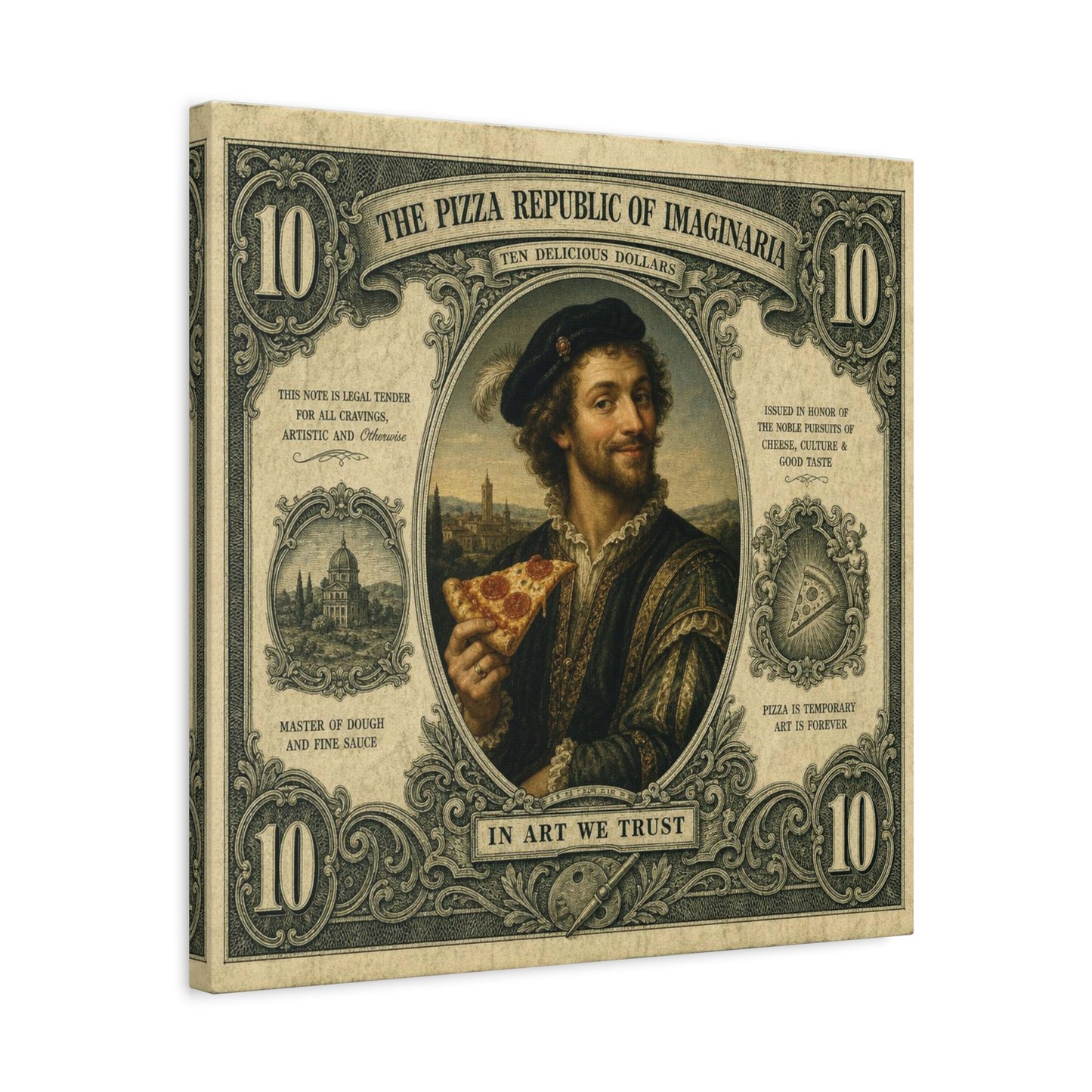 "The Pizza Republic Of Imaginaria" Canvas Wall Art - Vintage Typography Portrait Print, Renaissance Pizza Note Design, Eclectic Office Wall Decor, Cafe Wall Art, Humor Canvas - Reception Area Decor