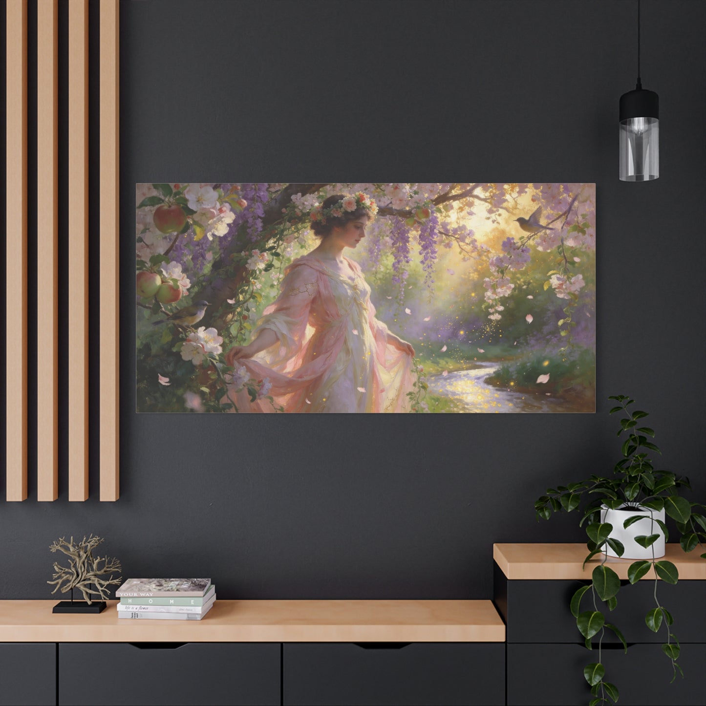 Romantic Garden Maiden Canvas Wall Art - Floral Orchard Figure, Wisteria Blossoms, Songbirds - Impressionist Cotton Canvas Print - Vintage Style Living Room Wall Decor Bedroom Accent - Ready to Hang