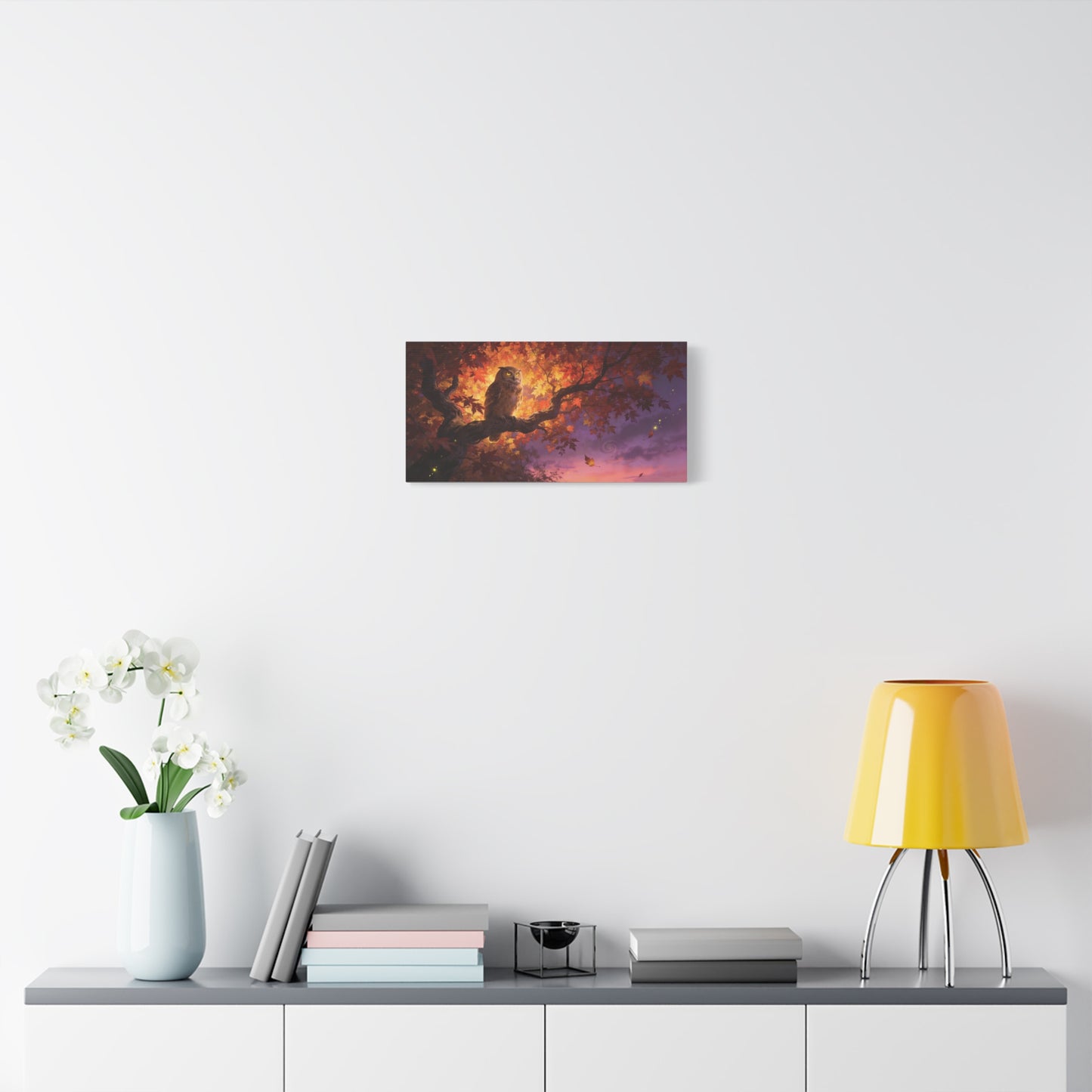 Owl Canvas Wall Art - Autumn Tree Branch Wildlife Illustration, Glowing Twilight Sky - Matte Canvas Print, Rustic Nature Style - Living Room Wall Decor, Bedroom Home Decoration - Cozy Reading Nook Art
