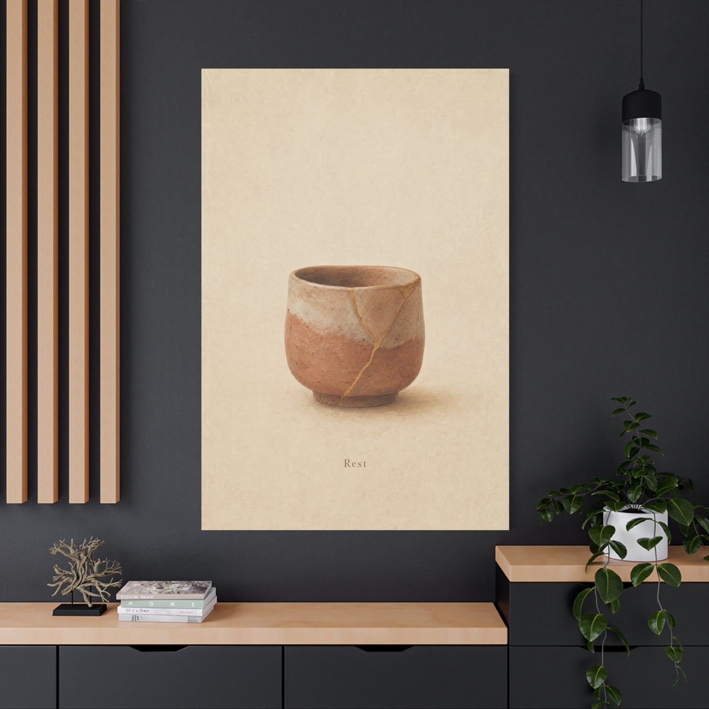 "Rest" Kintsugi Pot Canvas Wall Art - Minimalist Still Life Ceramic Vessel Print - Neutral Beige Brown Japanese Inspired Decor - Bedroom Meditation Space Living Room Home Accent - Office Wall Art