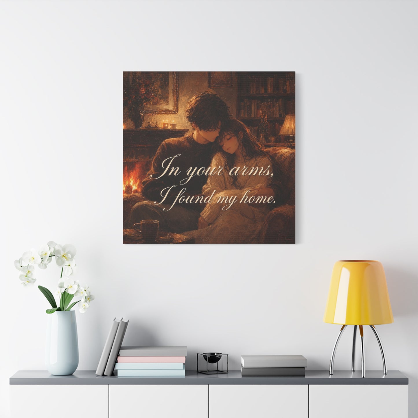 "In Your Arms, I Found My Home" Romantic Couple Canvas Wall Art - Cozy Fireplace Library Scene, Warm Vintage Style - Bedroom Home Decoration, Living Room Accent - Ready to Hang - Office Wall Art