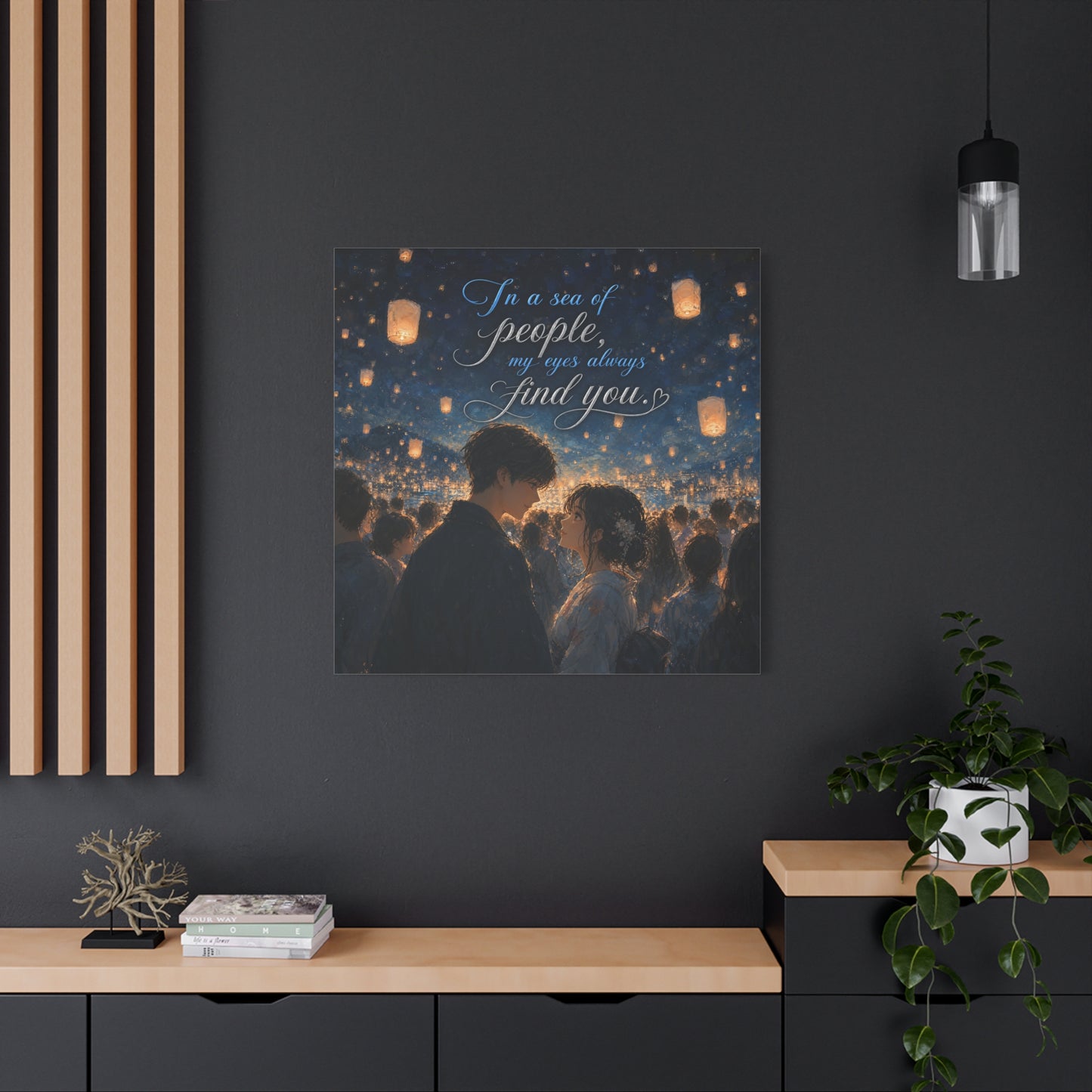 "In A Sea Of People, My Eyes Always Find You." Couple Canvas Wall Art - Romantic Lantern Night Scene, Blue Gold Typography Print, Bedroom Decor - Bedroom Home Decoration - Living Room Wall Decor