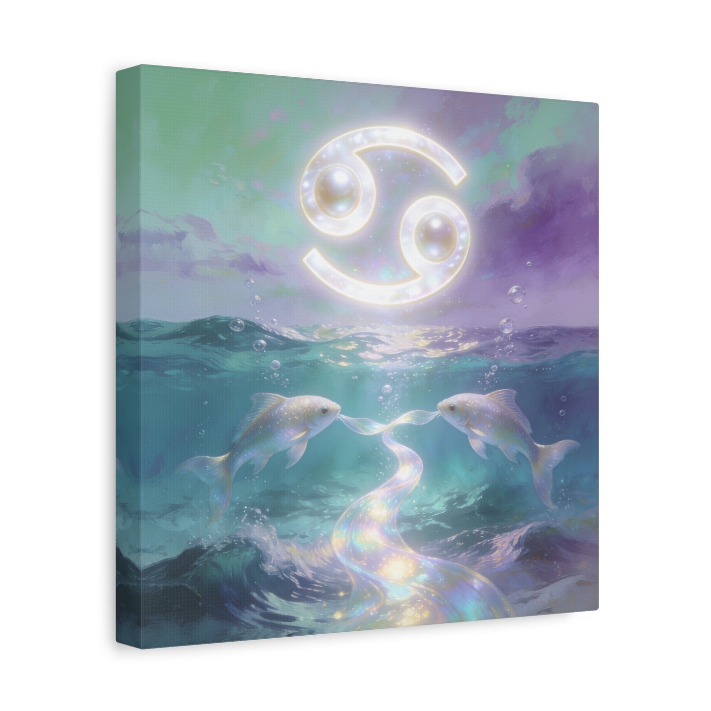 Cancer Zodiac Canvas Wall Art - Two Pearl Fish Ocean Illustration, Celestial Astrology Decor - Iridescent Matte Canvas Print - Mystical Coastal Style For Bedroom Living Room - Living Room Wall Decor