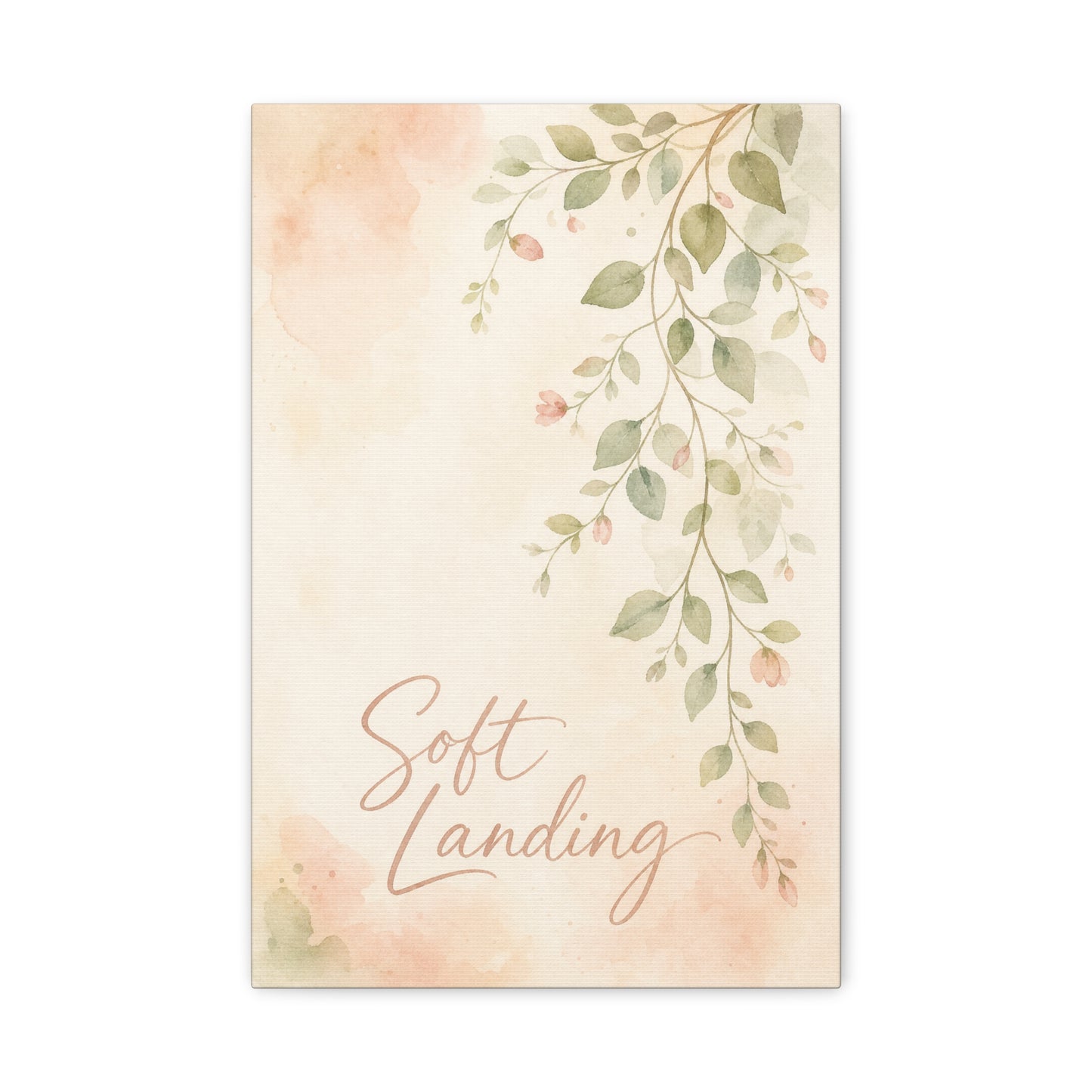 "Soft Landing" Botanical Canvas Wall Art - Watercolor Leaf Branch Quote Print - Blush Sage Floral Typography Decor - Bedroom Wall Hanging - Bedroom Home Decoration - Modern Farmhouse Style