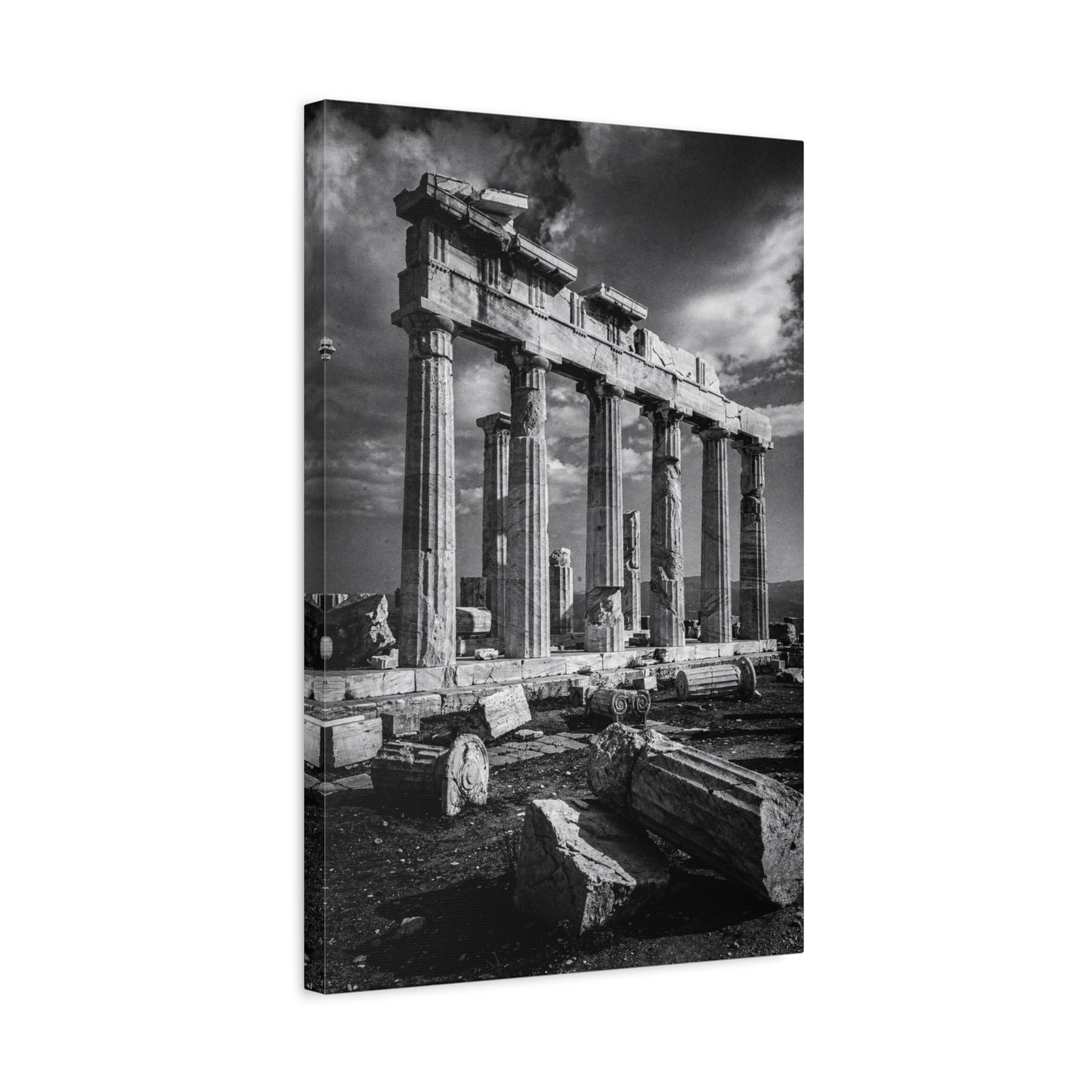 Ancient Greek Temple Ruins Canvas Wall Art - Black And White Architectural Art Print, Dramatic Sky, Vintage Classical Style - Living Room Wall Decor, Office Art Accent - Modern Farmhouse Style