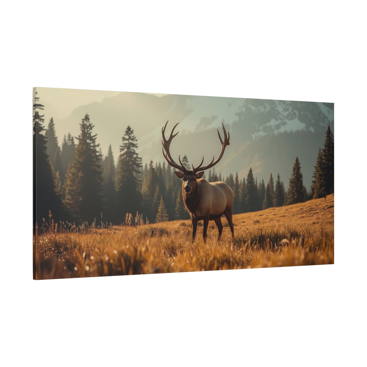 Bull Elk Canvas Wall Art - Mountain Meadow Wildlife Landscape, Golden Light Cotton Print - Rustic Nature Style, Living Room Wall Decor, Lodge Bedroom Home Decoration - Bedroom Home Decoration