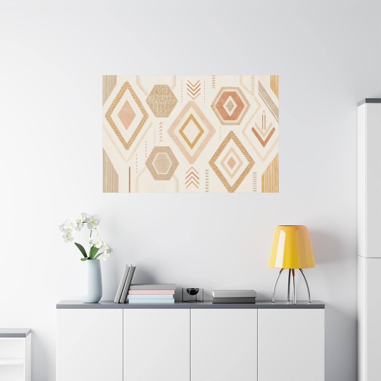 Neutral Geometric Canvas Wall Art - Boho Diamond And Hexagon Abstract Pattern - Beige Terracotta Modern Decor - Minimalist Living Room Decoration, Bedroom Accent, Contemporary Office Style