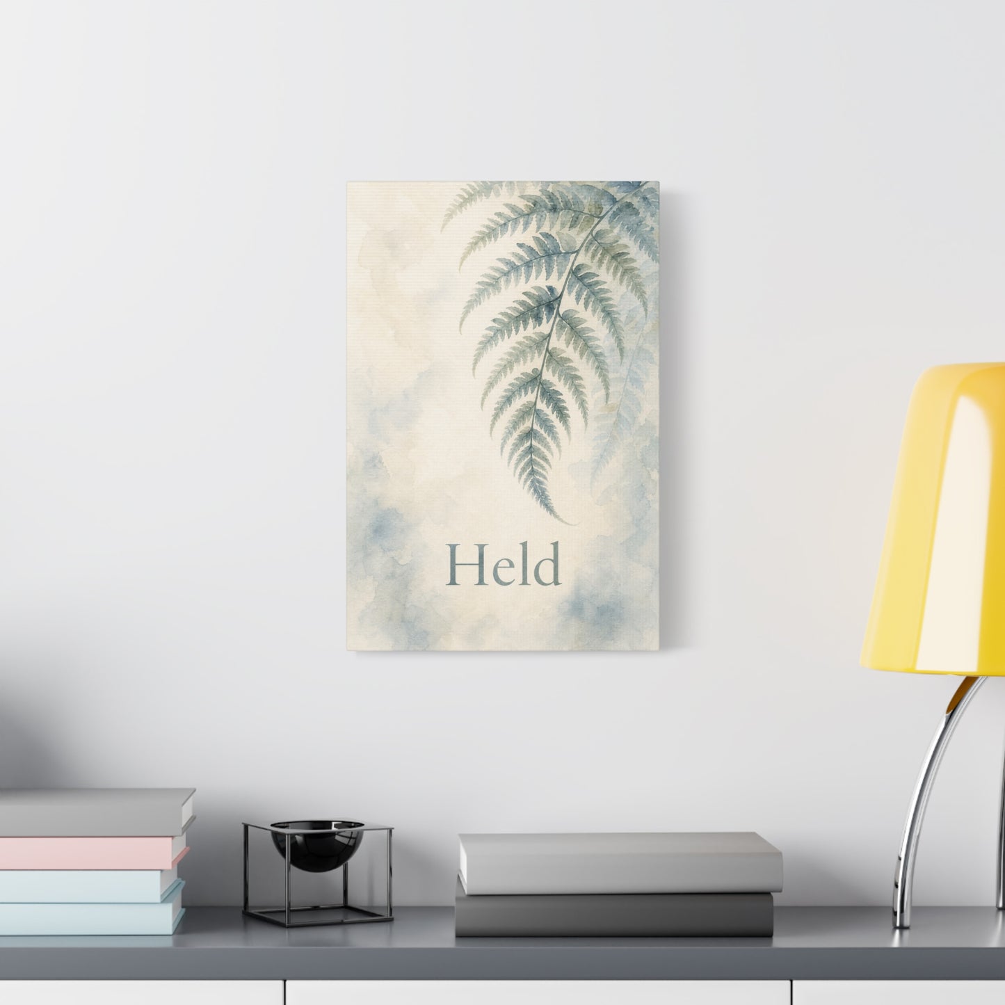 "Held" Fern Botanical Canvas Wall Art - Watercolor Leaf Print, Calming Bedroom Wall Decor, Minimalist Blue Green Nature Home Decoration, Meditation Space Accent - Ready to Hang - Cozy Reading Nook Art