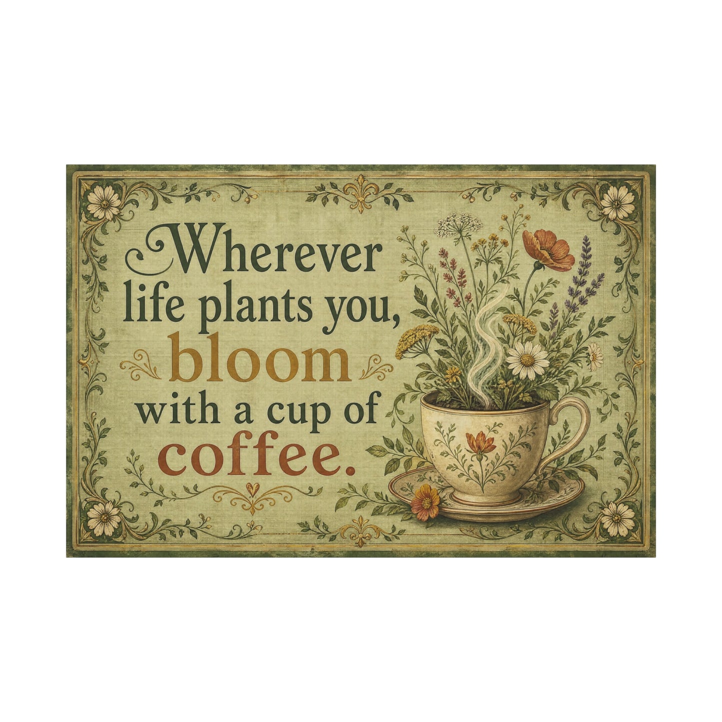 "Wherever Life Plants You, Bloom With A Cup Of Coffee." Canvas Wall Art - Vintage Floral Coffee Quote Print, Farmhouse Decor - Office Wall Art - Bistro Decor - Espresso Bar Sign - Ready to Hang
