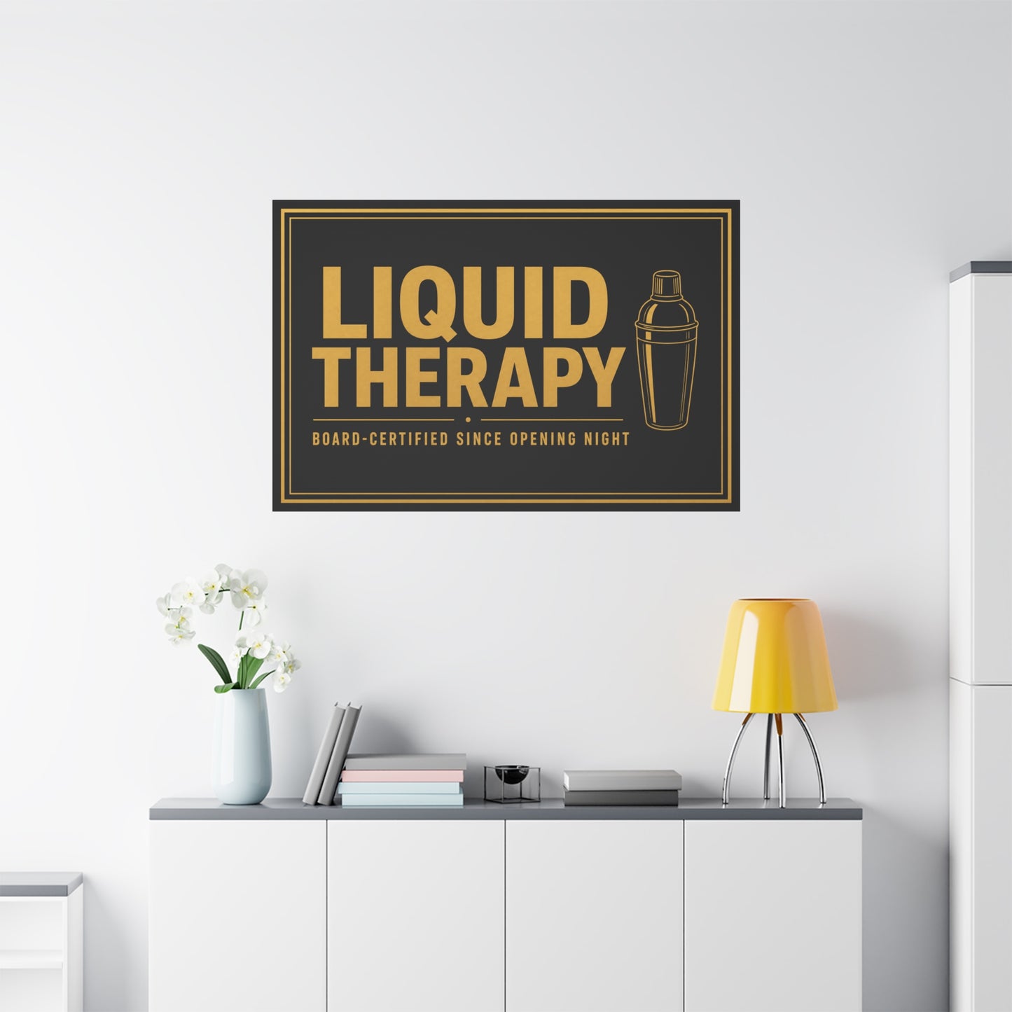 "Liquid Therapy" Cocktail Canvas Wall Art - Board-Certified Since Opening Night Bar Quote Print, Black And Gold Typography, Modern Lounge Decor - Pub Wall Art - Cocktail Lounge Decor - Ready to Hang