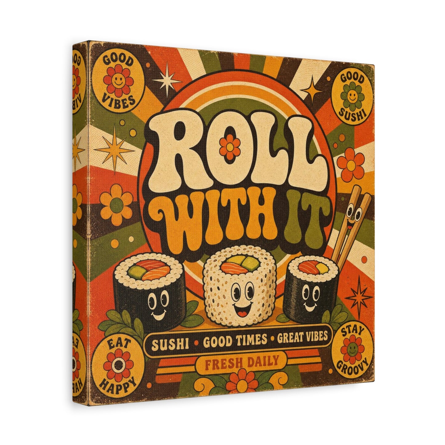 "Roll With It" Sushi Canvas Wall Art - Retro Typography Food Illustration, Groovy Orange Green Bohemian Print, Cafe Wall Decor, Kitchen Room Decoration, Vintage Poster Style - Bedroom Home Decoration